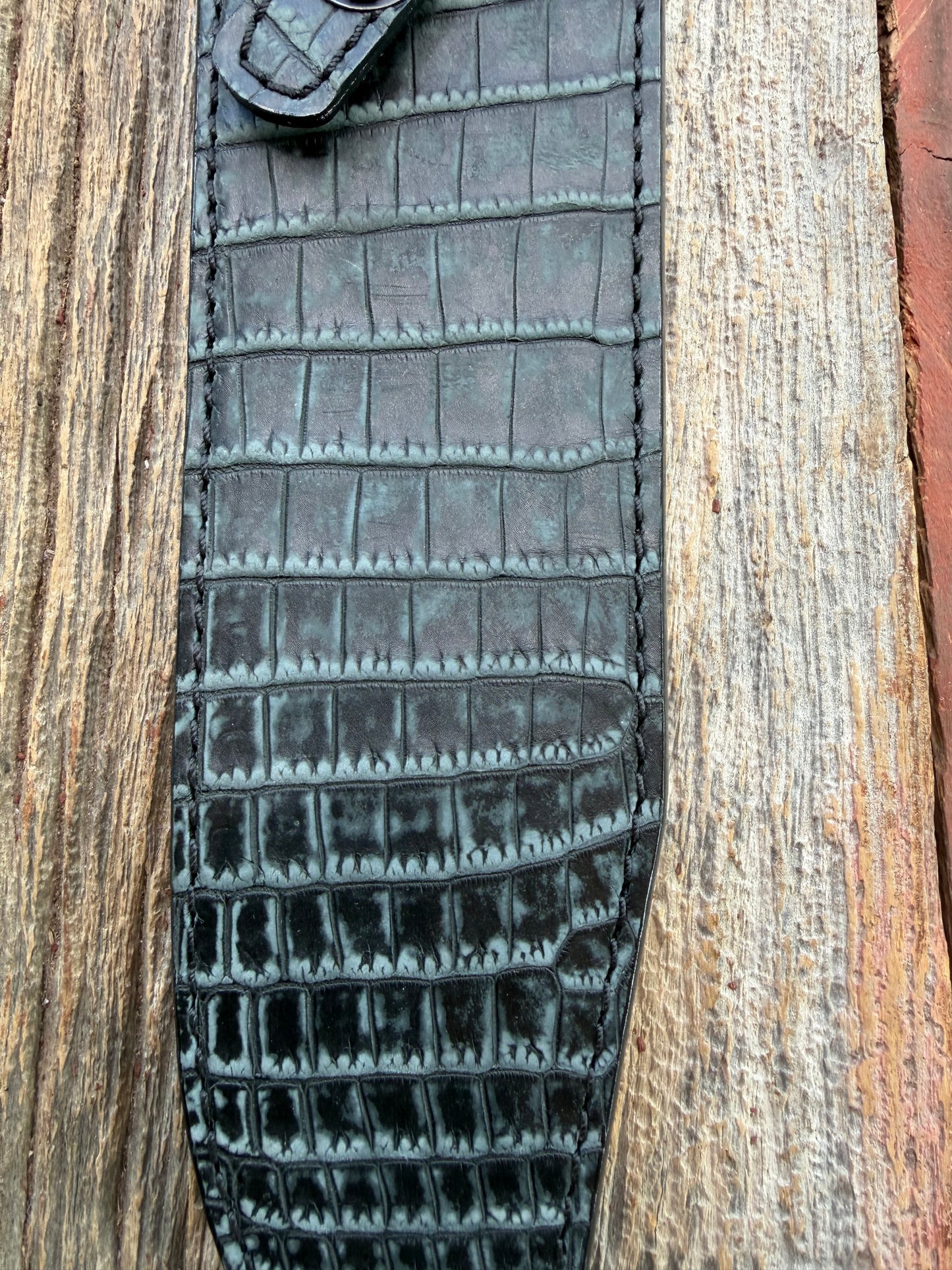 New Randall Model 12-9 Sheath in Exotic Black/Grey Matte Crocodile from Treeman with the newest Black Canteen snap.