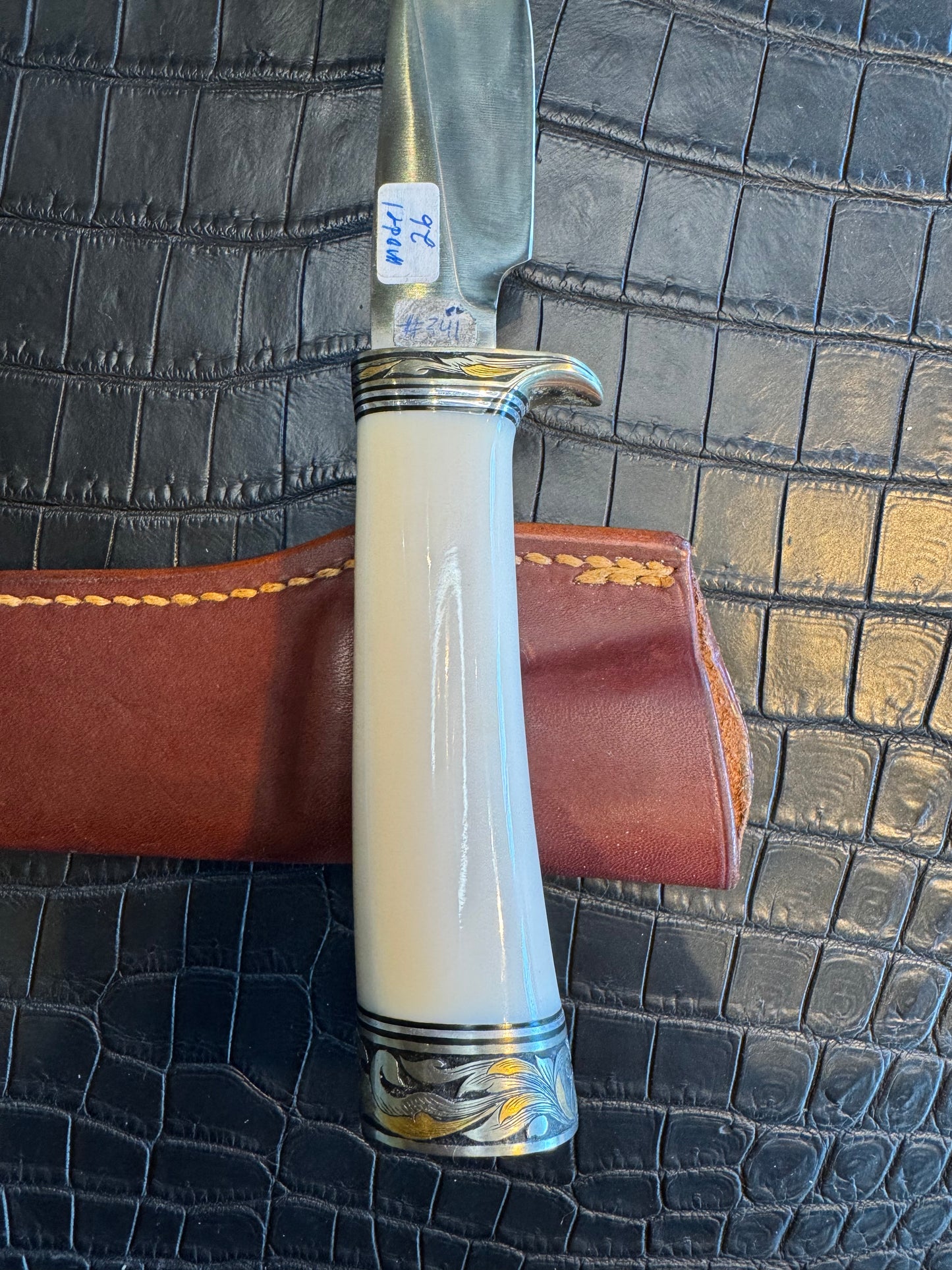Randall Model 26 in Elephant Ivory, Gold and Silver Engraved, Nickel Silver Single Hilt and Butt cap fully engraved.