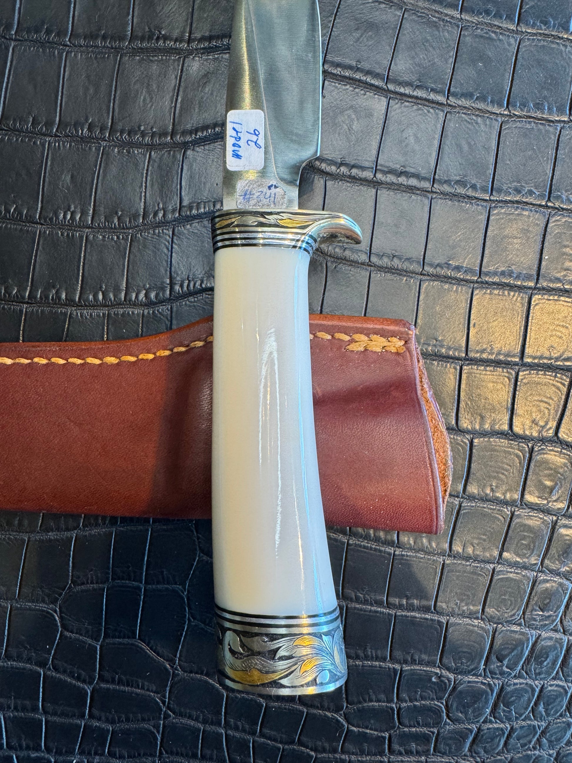 Randall Model 26 in Elephant Ivory, Gold and Silver Engraved, Nickel Silver Single Hilt and Butt cap fully engraved.