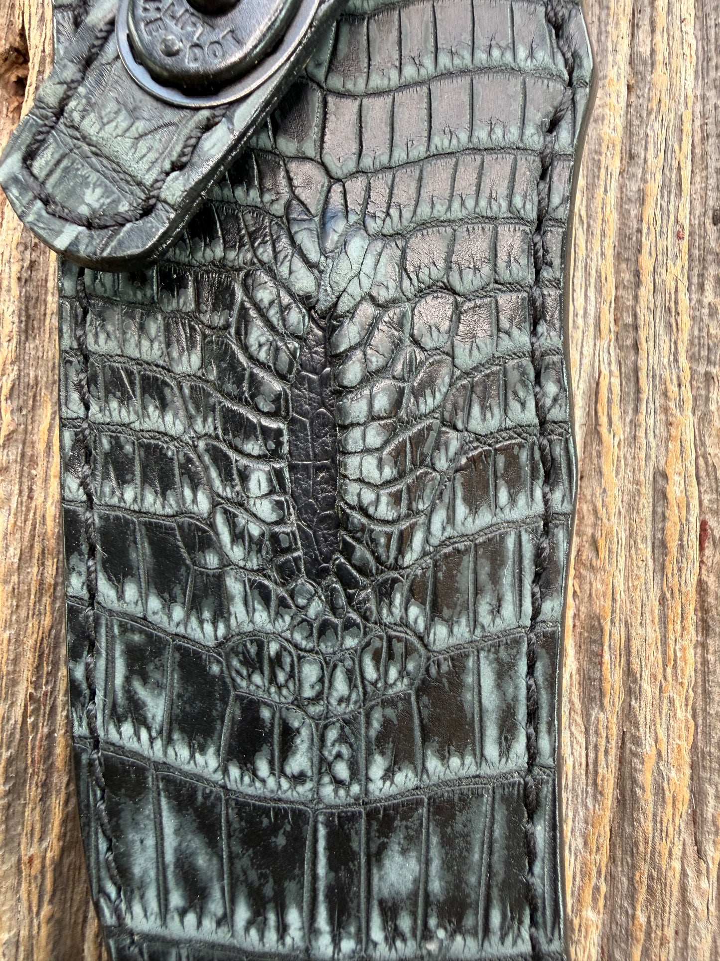 New Randall Model 4-6F Sheath in Exotic Black/Grey Matte Crocodile Anus from Treeman with the newest Black Canteen snap.