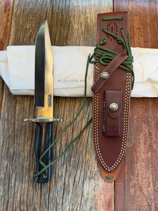 New in Paper Randall Model 14-7.5 in Black Micarta handle, Nickel Silver Hilt, Stainless steel, and Lanyard.