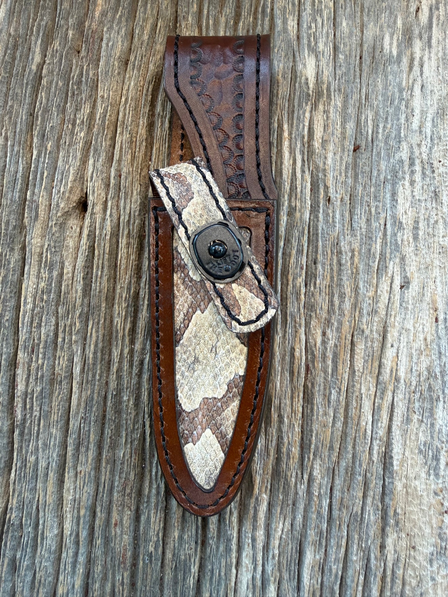 Randall Model 8-4 Sheath in Exotic Southern Copperhead from Treeman Sheaths. Black Canteen Snap. Stunning colors and pattern.