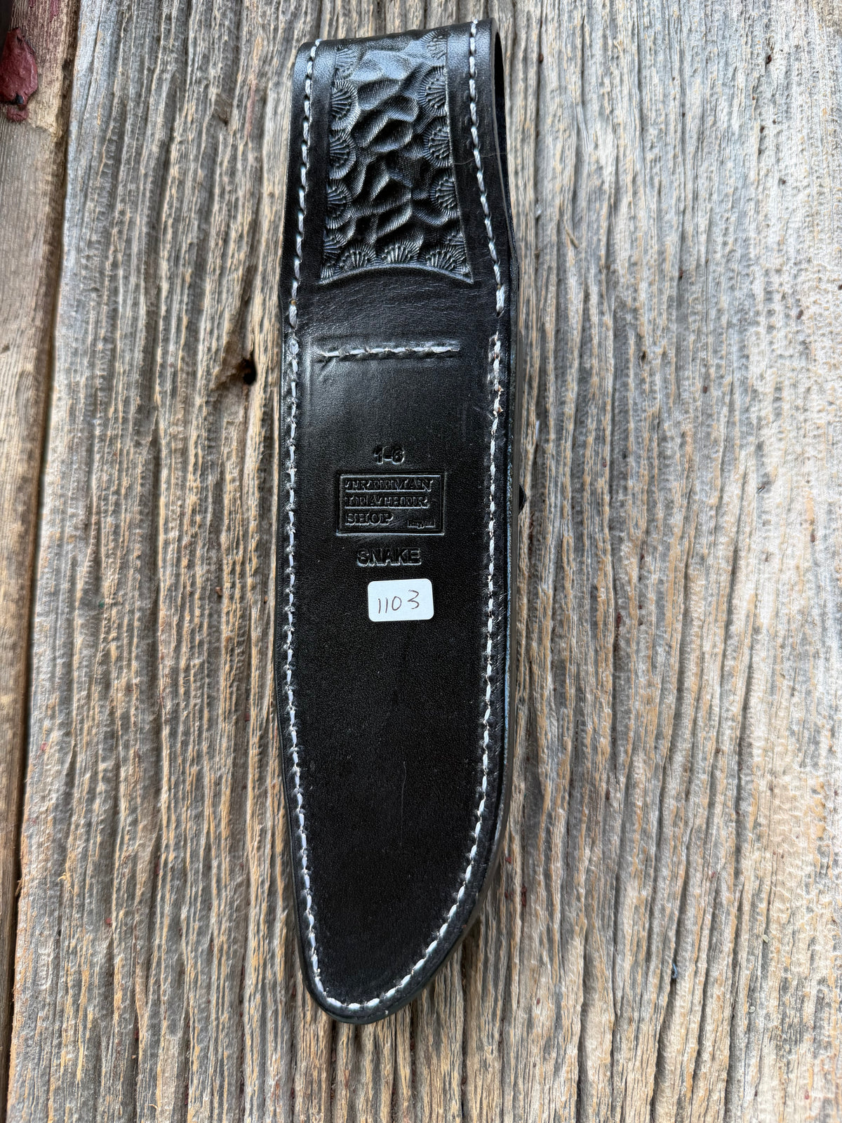 Randall Model 1-6 sheath with inlayed Western Diamondback RattleSnake skin from Treeman Sheaths. Brown leather, white deviated stitching and black canteen snaps.