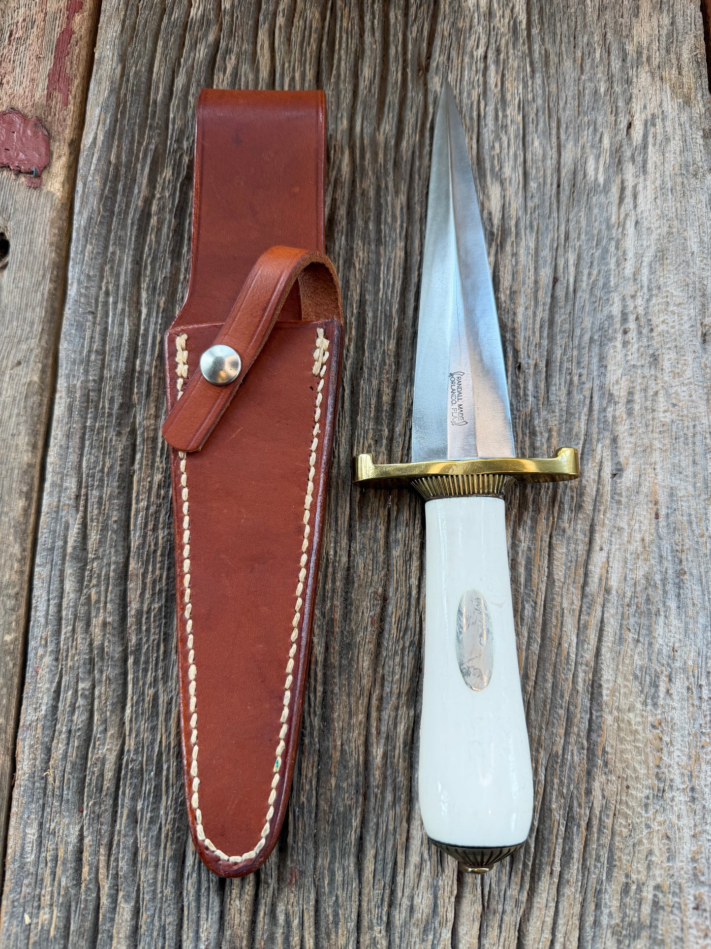 Randall Knife Model 13-6 Small Arkansas Toothpick in Elephant Ivory. Lugged Hilt, Scalloped brass collar and Coolie bottom,
