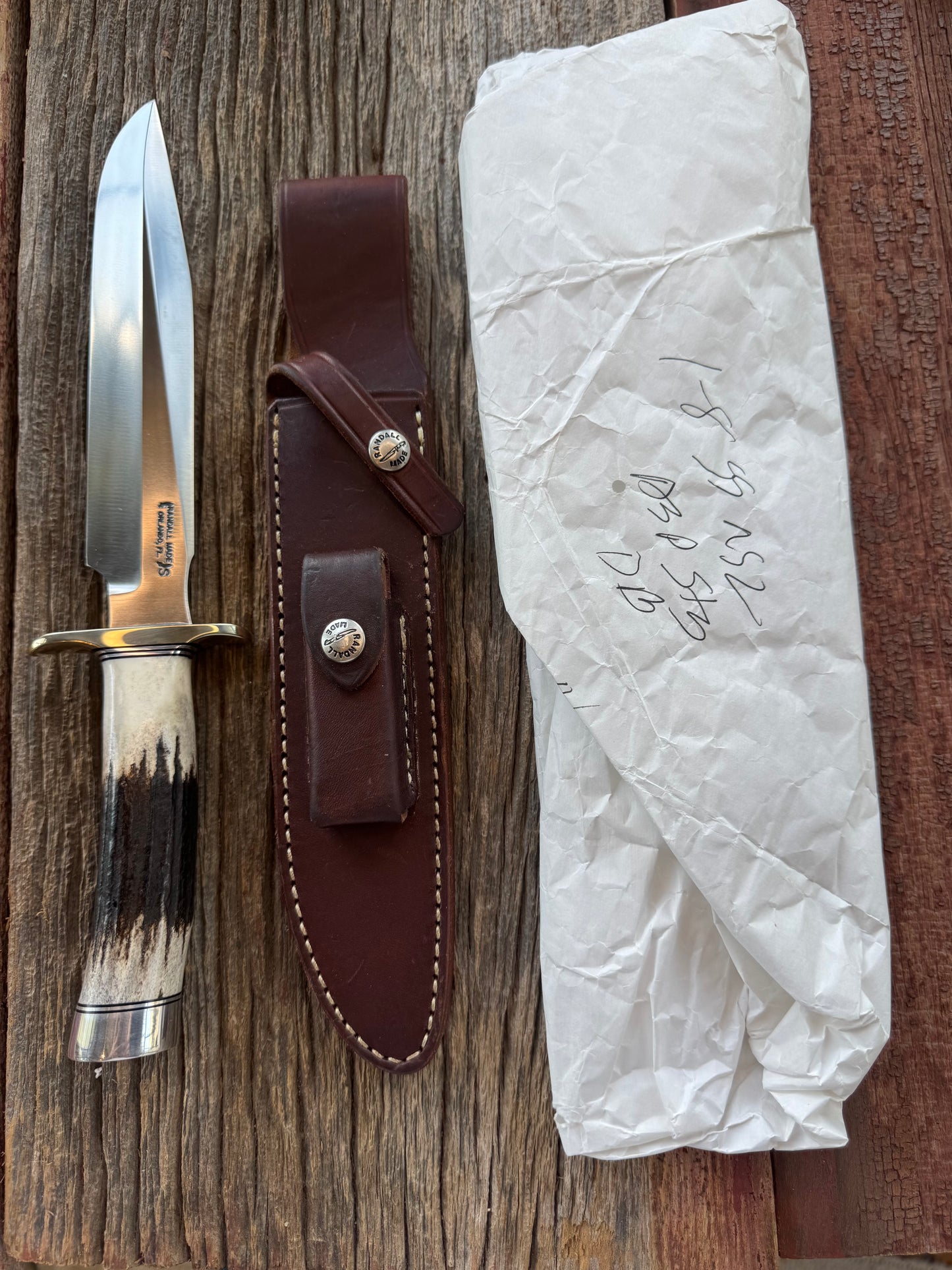New in paper Randall Model 1-8 with shop Stag. Nickel silver Hilt and Aluminum Butt cap.