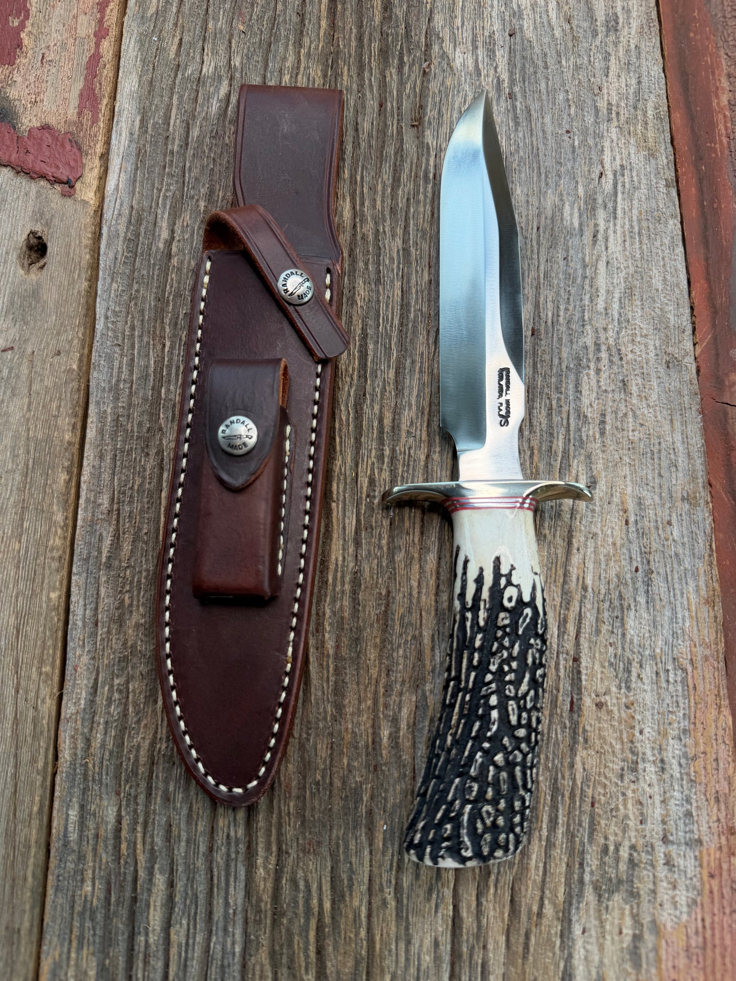 Randall Model 1-7 Popcorn Stag Stainless Nickel Silver Hilt Natural end Red and Aluminum Spacers