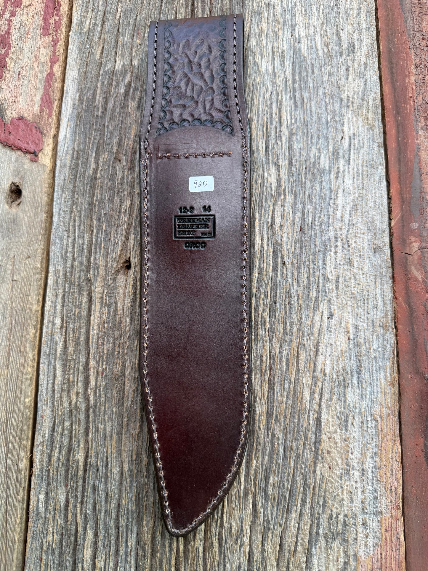 New Randall Model 12-9/14 Grind  Sheath in Exotic Chocolate Brown Matte Crocodile from Treeman with the newest Black Canteen snap. Killer sheath.