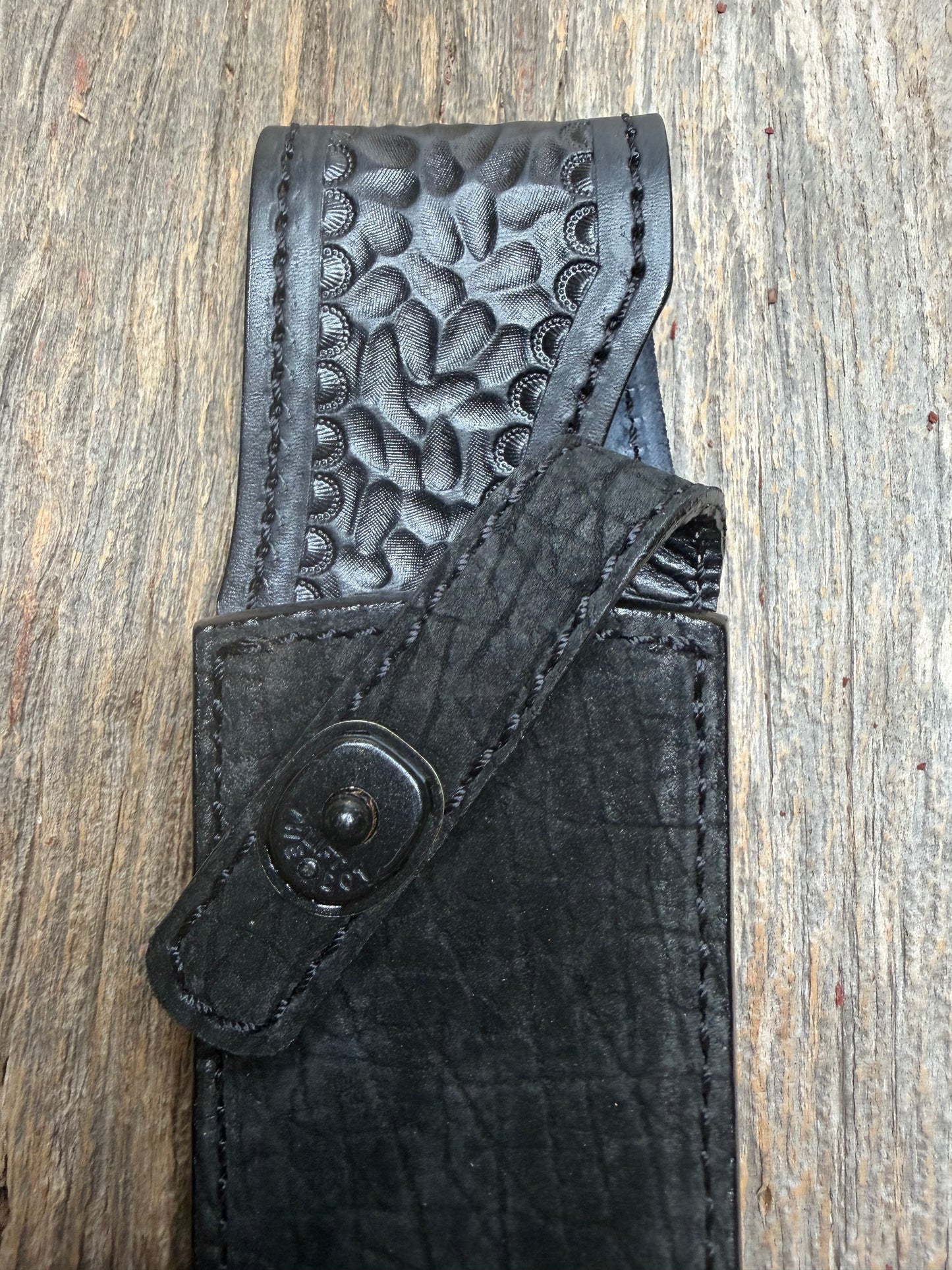 Randall Model Clinton Special in Black Hippo, forward curved hilt, black Canteen Snap, full brass stamping and stitching.