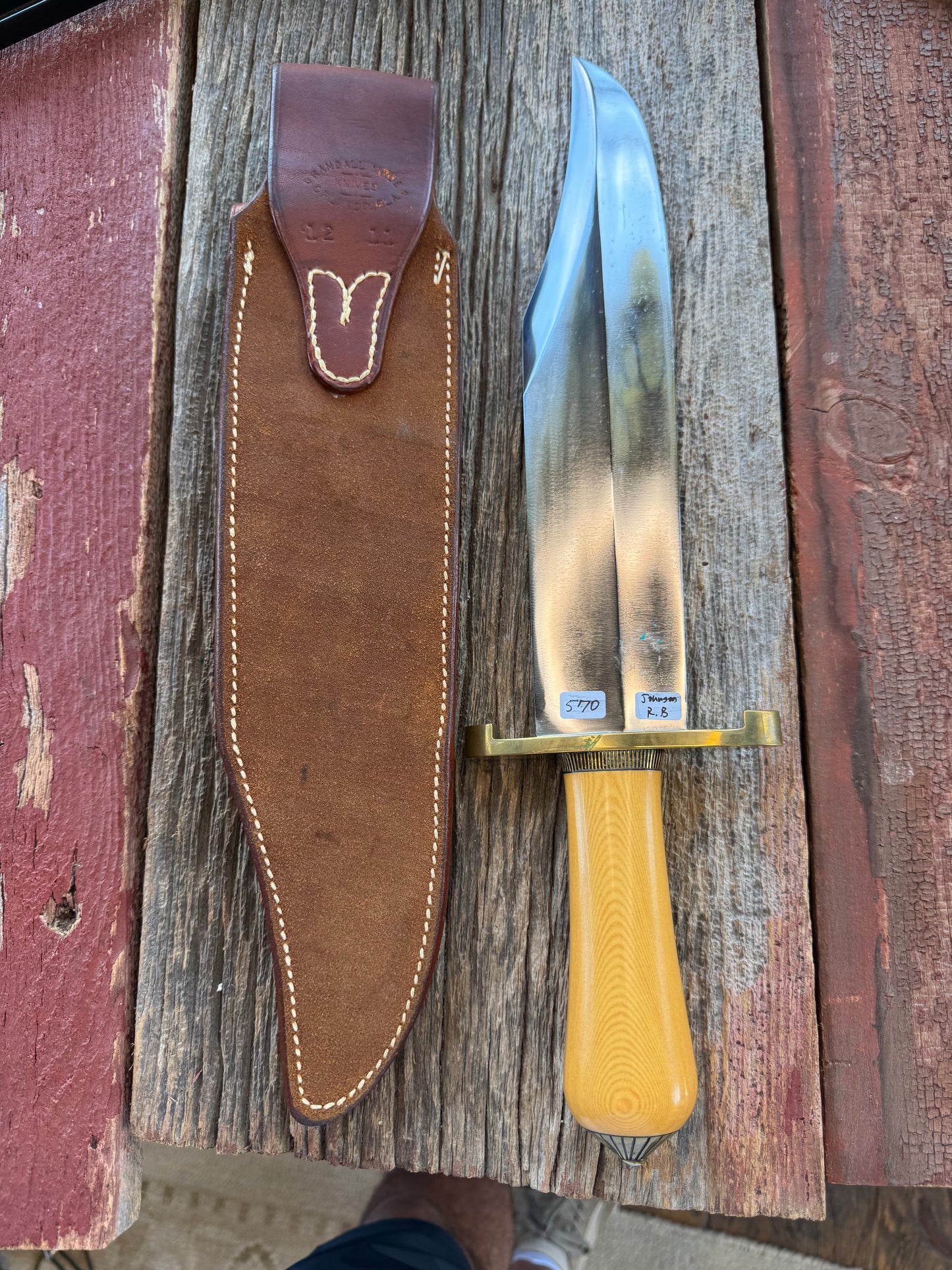 Randall Model Smithsonian in Yellow Westinghouse Micarta, Brass Lugged Hilt, Scalloped Collar and butt cap, Johnson Roughback sheath.
