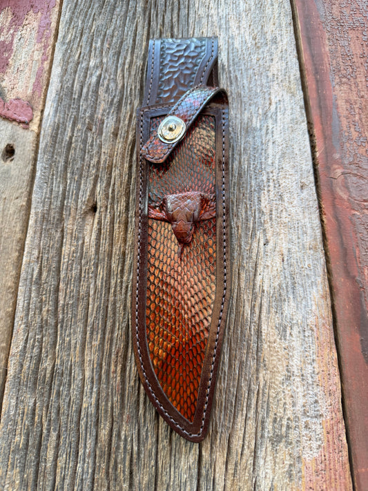 New Randall Model 12-9 Bowie Sheath in Exotic Cobra with actual head by Treeman. Black and Browns … one of only a few 12-9’s I have.