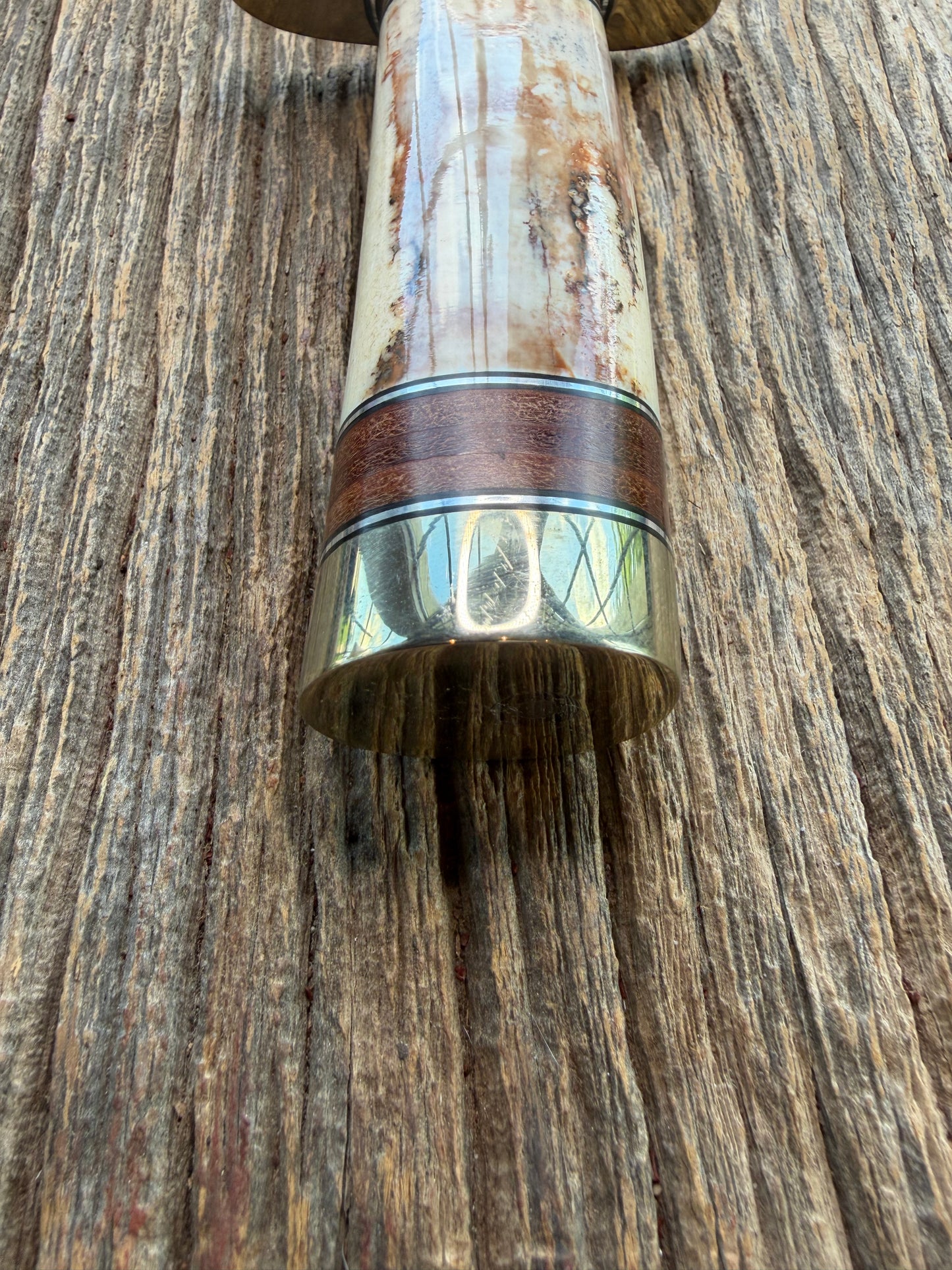 New in Paper Randall Model 12-9 Fossil Walrus Ivory and 25 style stacked Leather grip. Double Nickel Silver hilt and nickel butt cap.