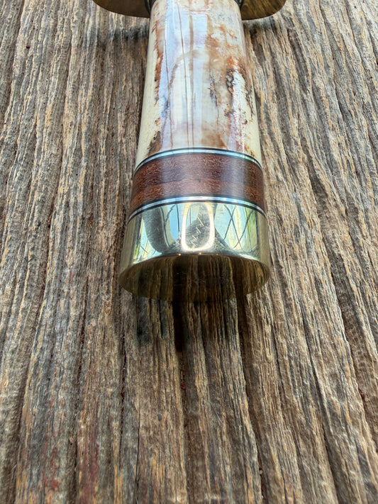 New in Paper Randall Model 12-9 Fossil Walrus Ivory and 25 style stacked Leather grip. Double Nickel Silver hilt and nickel butt cap.