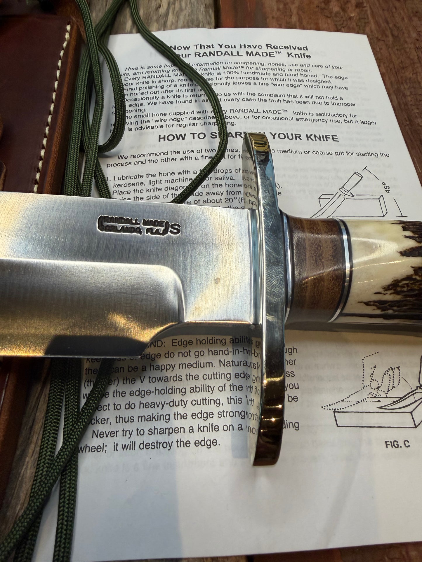 New Randall Knife Model 12-9/14 grind, Stainless Steel, stag and leather