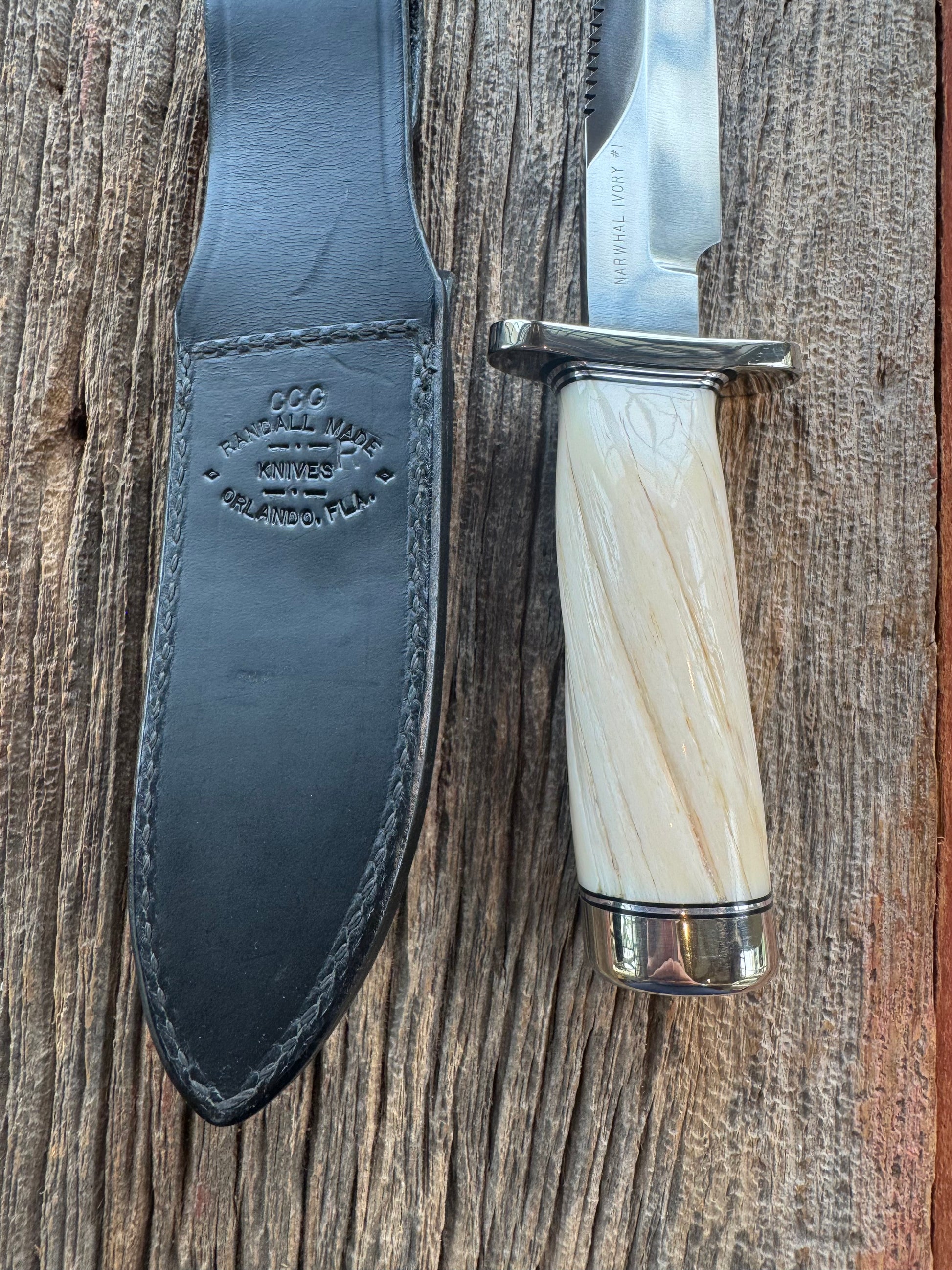 Rare Randall Model Combat Companion in Beautiful Spiraled Narwal, Nickel Silver Hilt and butt cap, black and silver spacers. SS Stunning and rare.