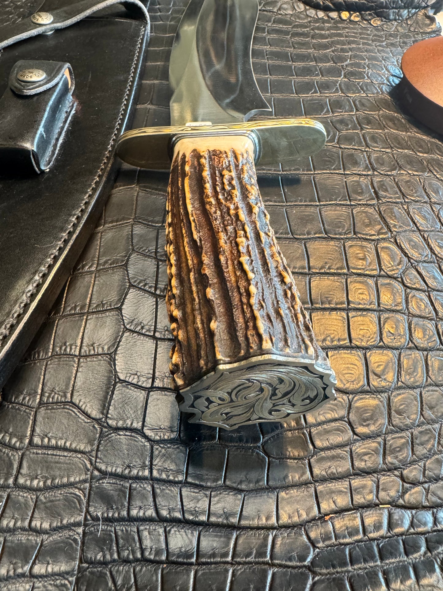 Randall Model 12-11 Dealer Special Large Sasquatch in a Huge piece of Popcorn Stag. Gold and Silver Engraved, Nickel Silver Hilt and Butt plate.