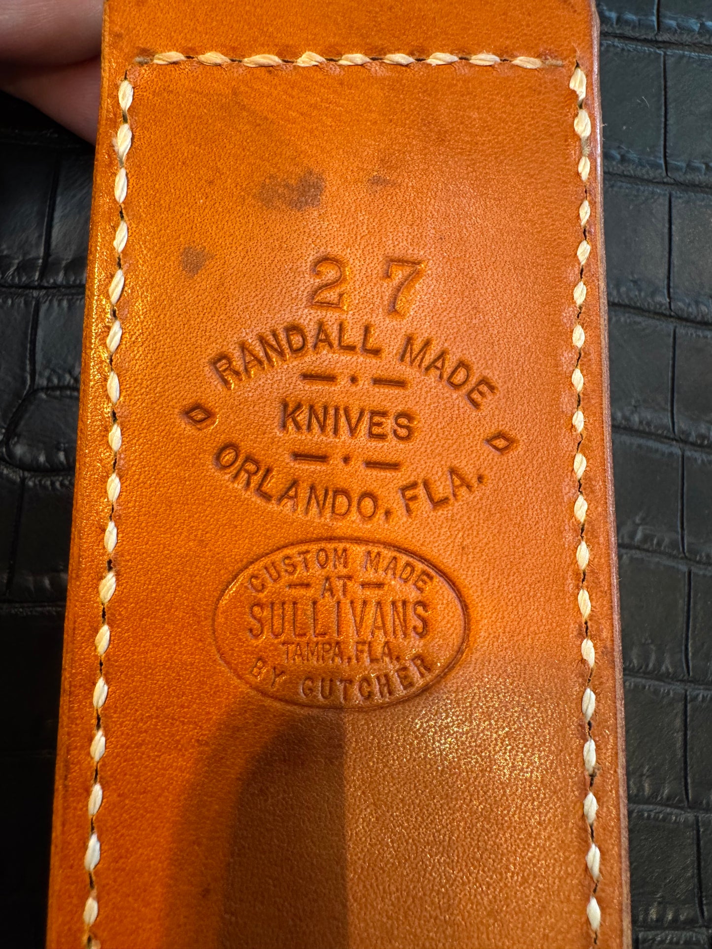 Randall Model 2-7 Sheath (with Stone) in Tan Leather made at Sullivans by Gutcher in Tampa Florida. Official sheath maker for Randall Knives.