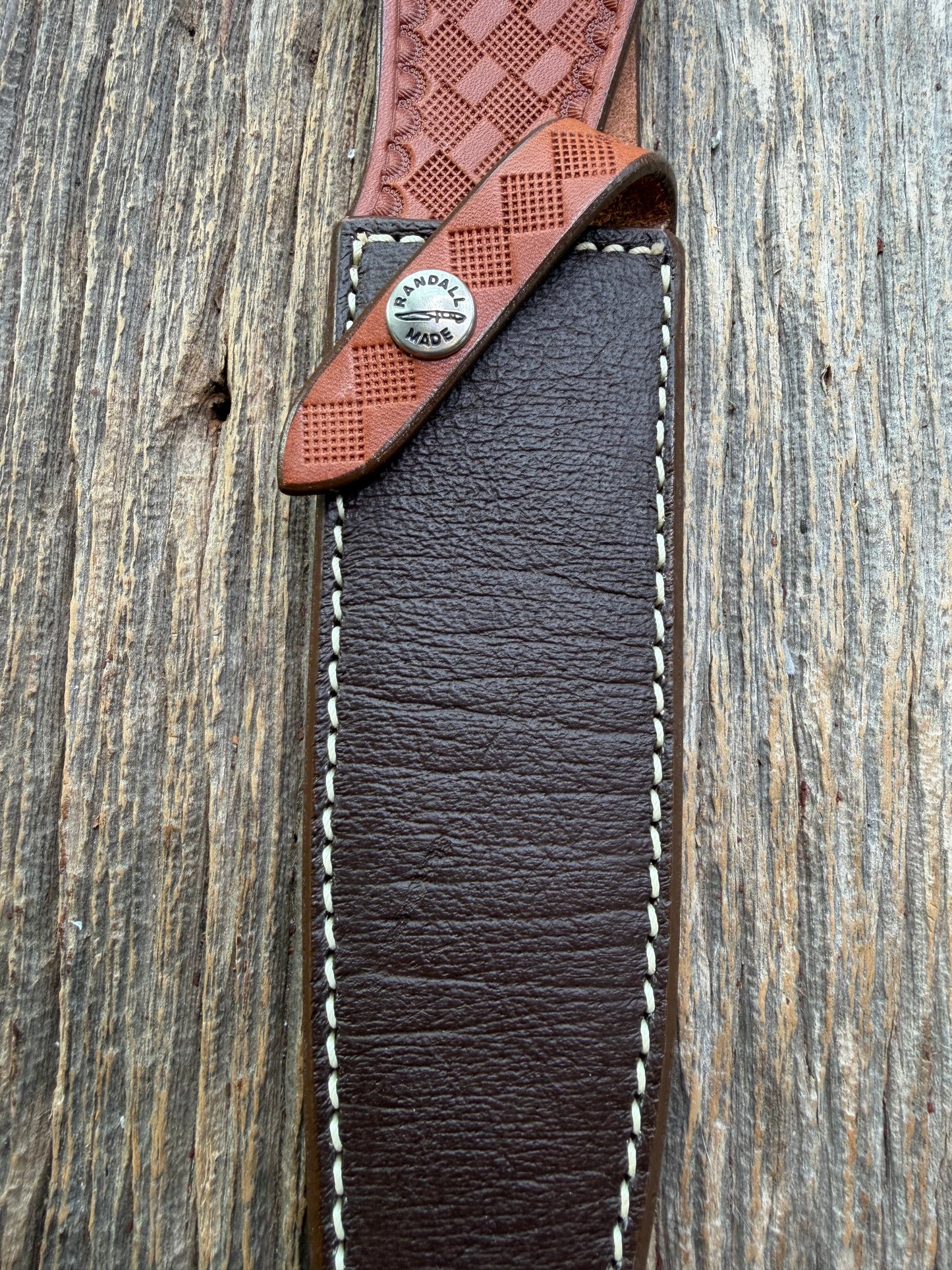 Pristine Randall Model 2-7 sheath in Exotic Cape Buffalo leather from Sullivans by Gutcher. Heavily tooled belt loop and strap. Randall snap and clean stamping on the back … perfect!!