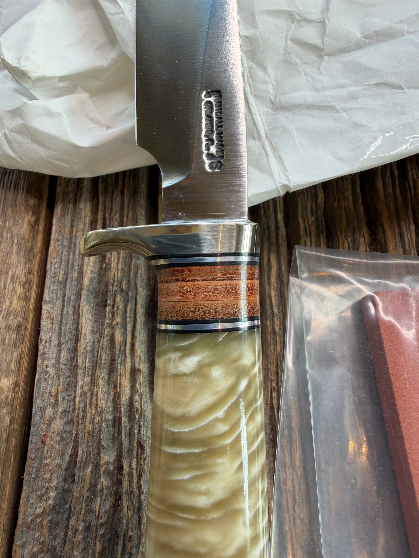 Randall Knife Model 26 Pathfinder (new in paper) Beautiful piece of Musk Ox Black and Aluminum and leather spacers, NSH and buttcap.