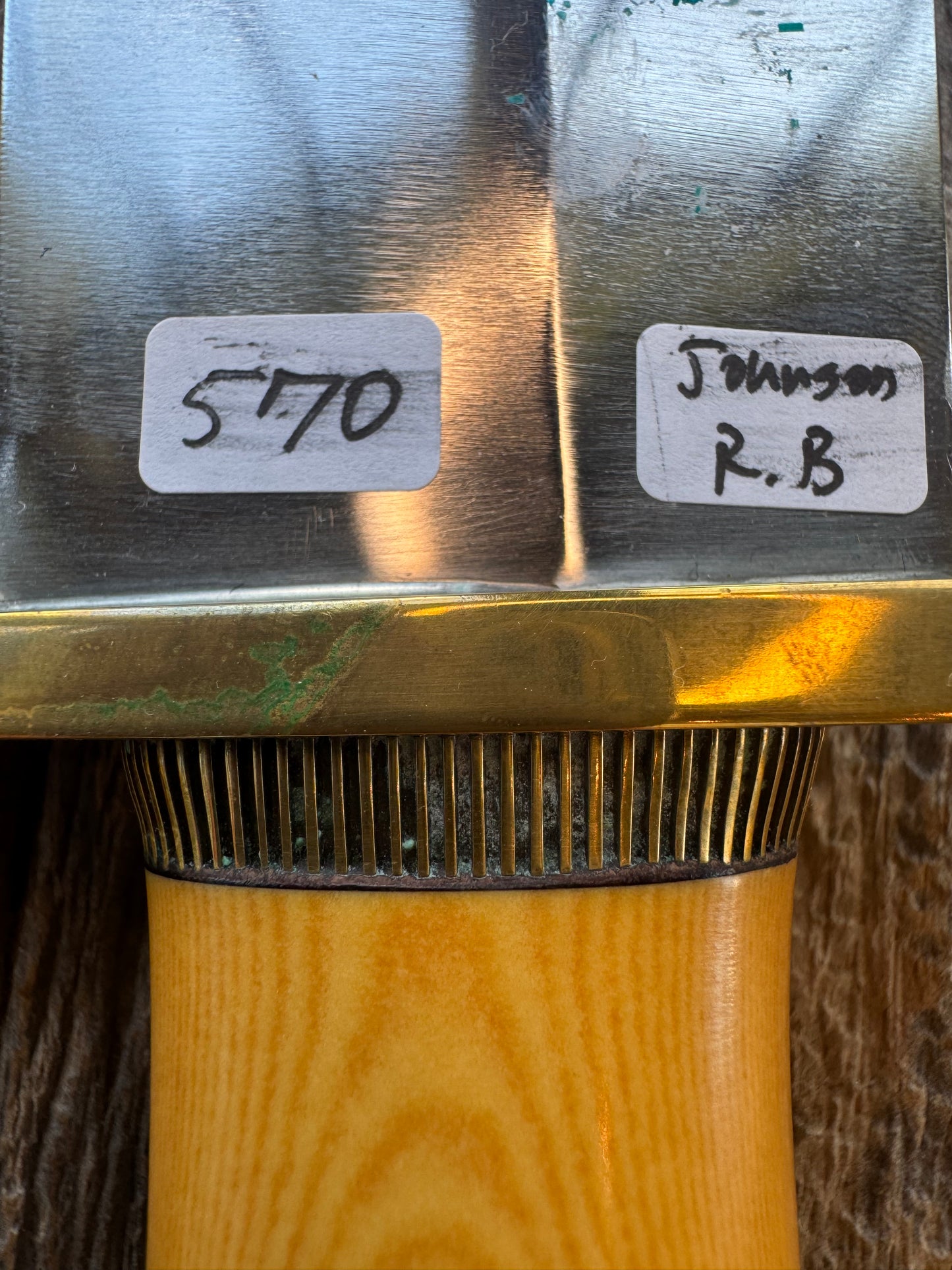 Randall Model Smithsonian in Yellow Westinghouse Micarta, Brass Lugged Hilt, Scalloped Collar and butt cap, Johnson Roughback sheath.