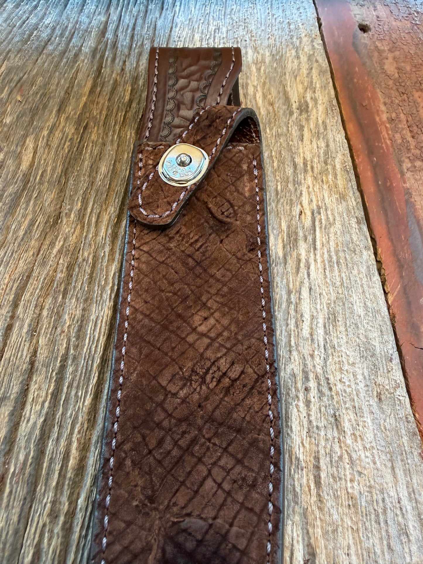 Randall Model 1-8 Sheath in Exotic Sueded Chocolate Brown Hippo by Treeman. Battle scars abound!!