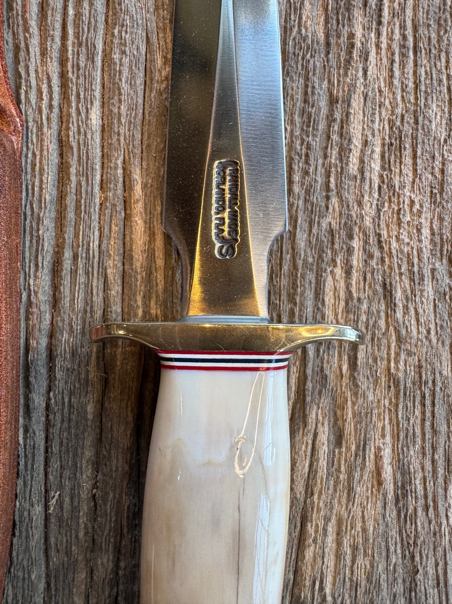 Randall Knife Model 2-6. Artifact Fossil Walrus in an Ice Ax Handle. Purchased from Rick Bowles, Stainless Steel.