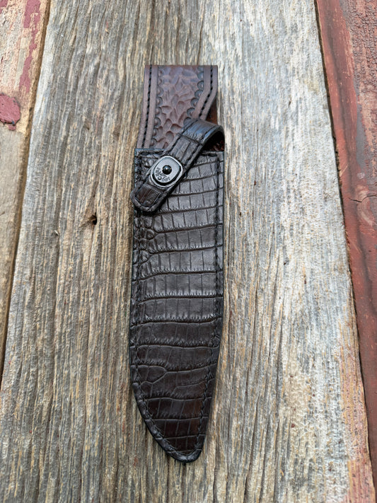 New Randall Model 14 Sheath in Exotic Dark Brown Matte Crocodile from Treeman with the newest Black Canteen snap. Killer sheath.
