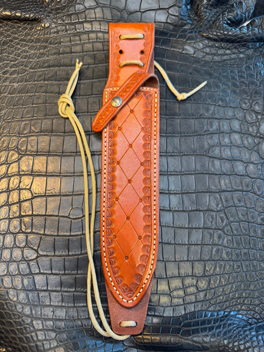 Randall Model 12-9C Sheath in a highly detailed Tooled Leather Custom Made at Sullivan’s by Gutcher.