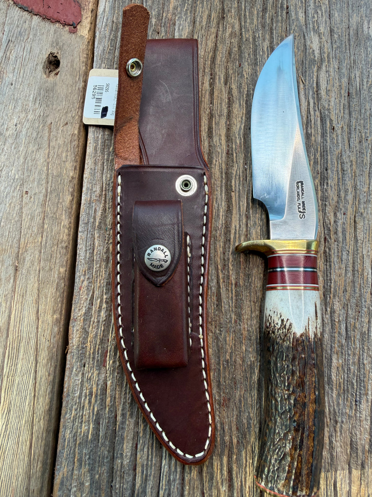 New Randall Made Knife Model 27-5 with a Stag handle, Stainless, brass single Hilt, red and aluminum spacers, loaded!!