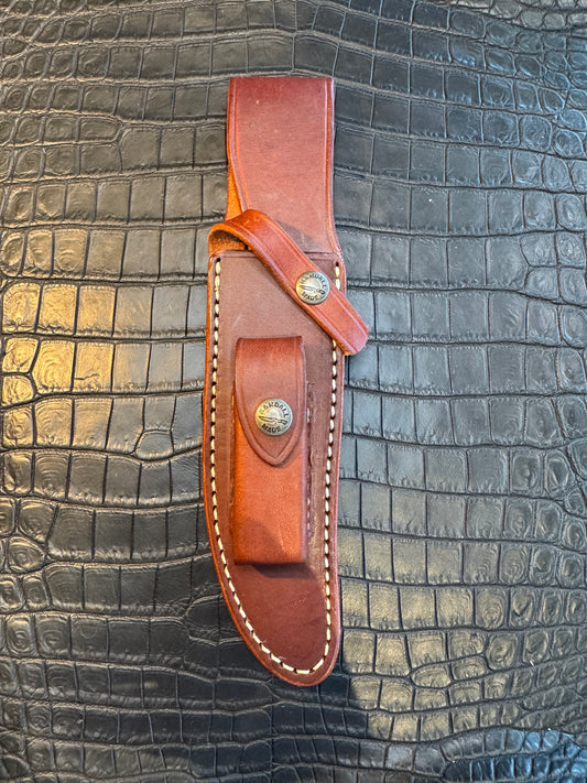 New unused Randall Model 12-6 “Little Bear” Sheath in Brown Leather made at Sullivans by Gutcher in Tampa Florida. Official sheath maker for Randall Knives.