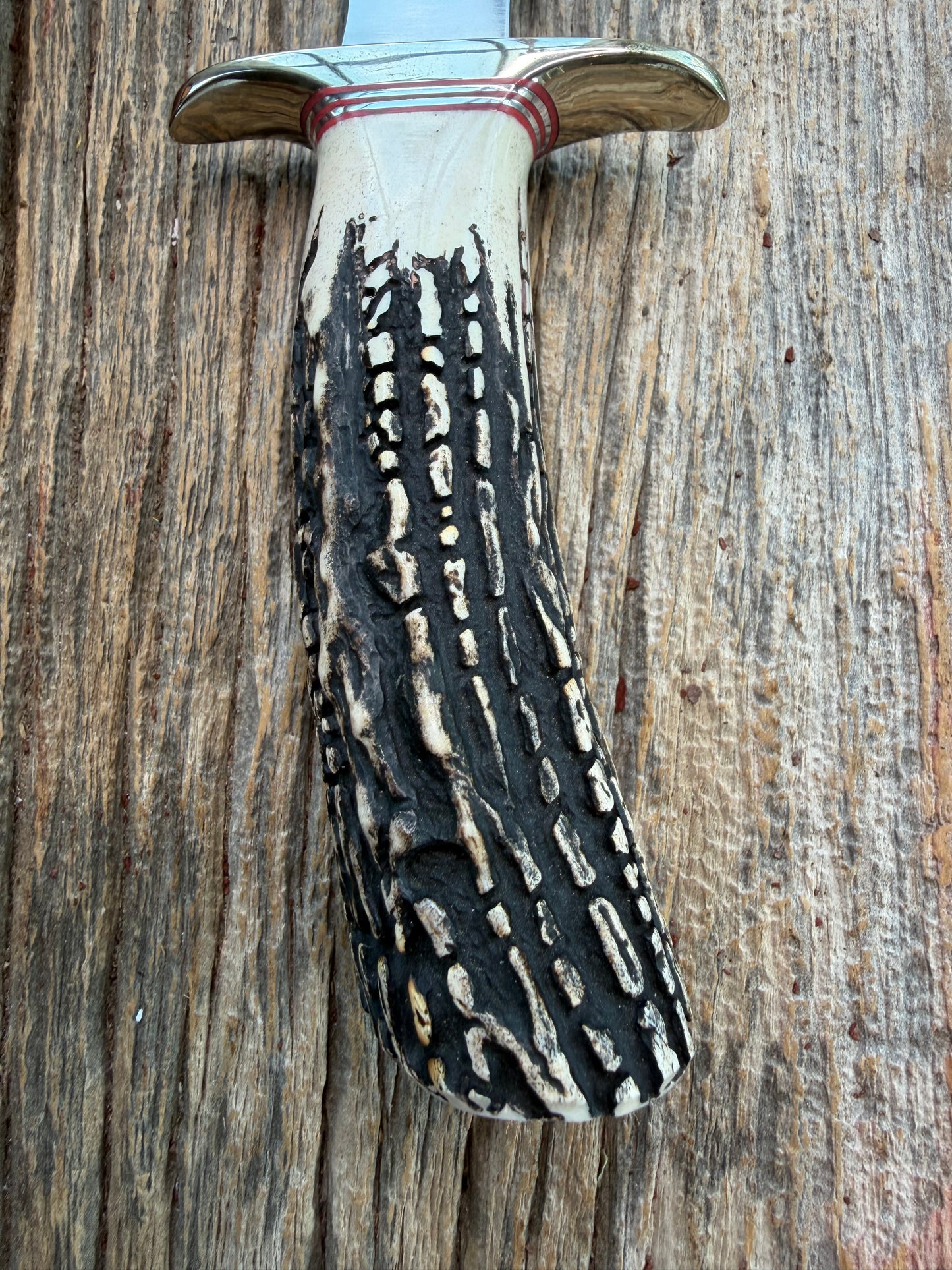 Randall Model 1-7 Popcorn Stag Stainless Nickel Silver Hilt Natural end Red and Aluminum Spacers