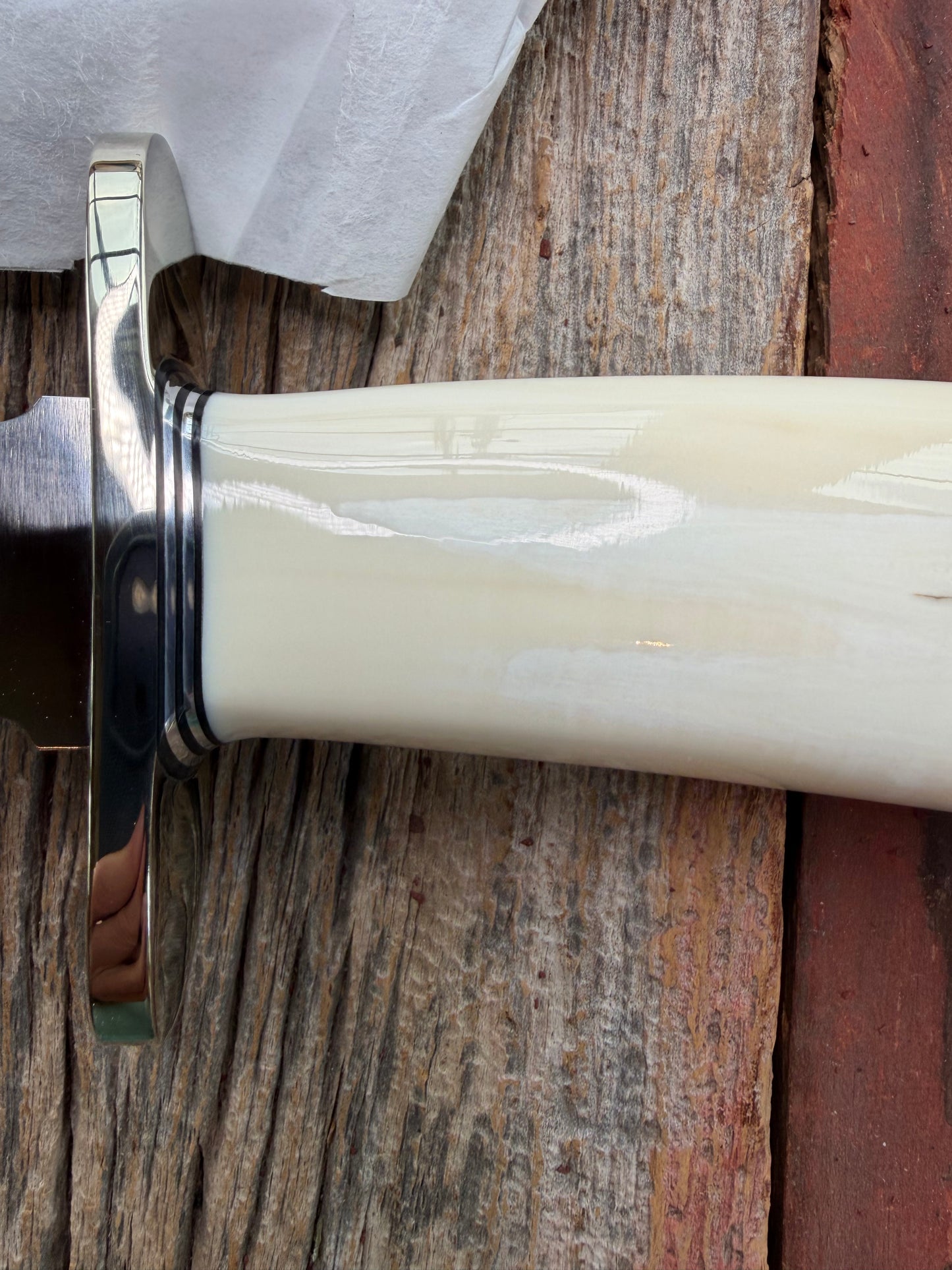 New in paper fresh from the Shop. Randall Knife Model 12-8 Big Bear. Gorgeous piece of creamy Fossil Walrus Ivory. Nickel silver hilt and plate end, Carbon  steel.