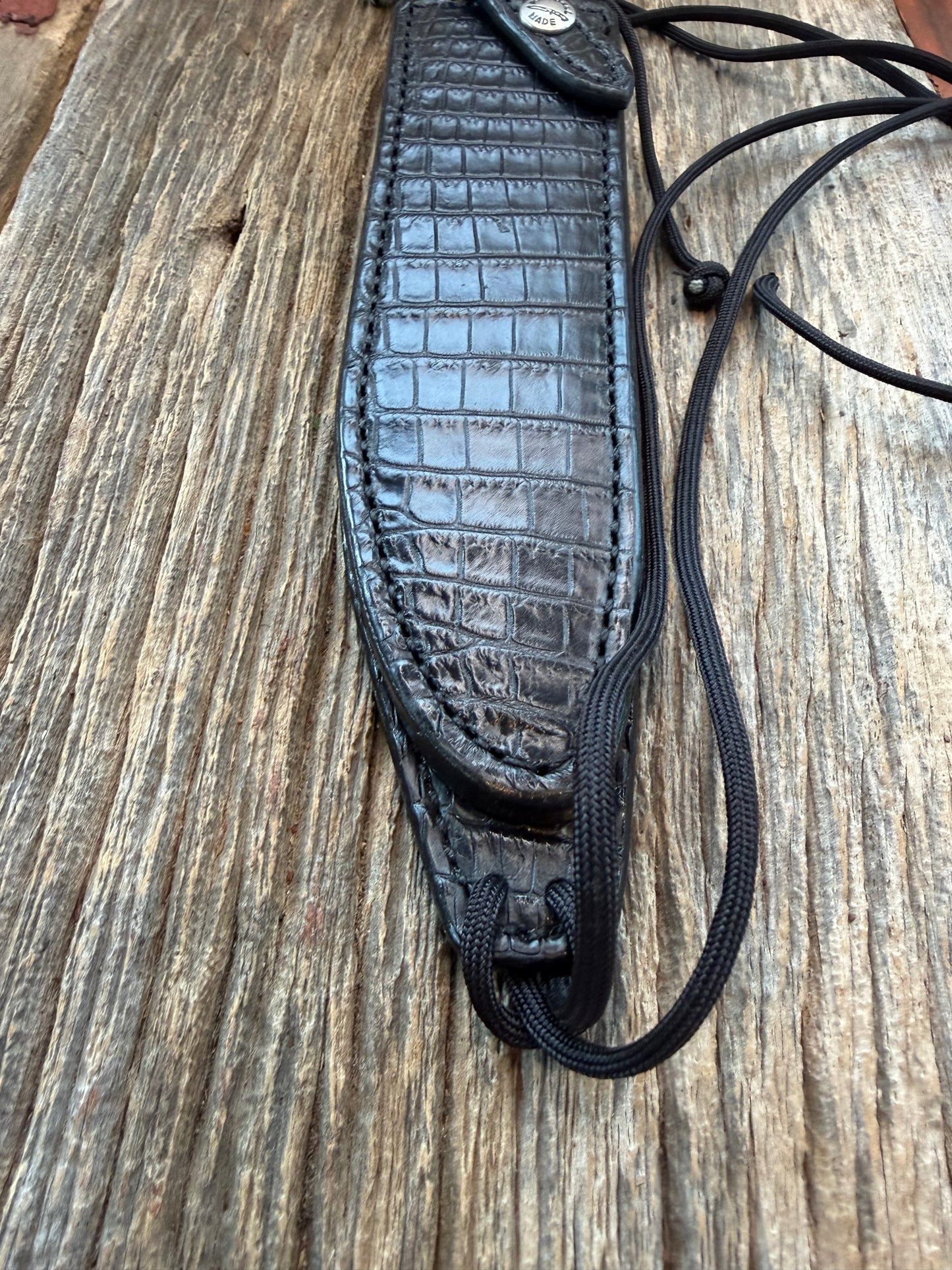 New Randall Model 1-7 or 2-7 Sheath in Exotic Black Natural Croc with lanyard straps. Custom Made at Sullivan’s by Gutcher.