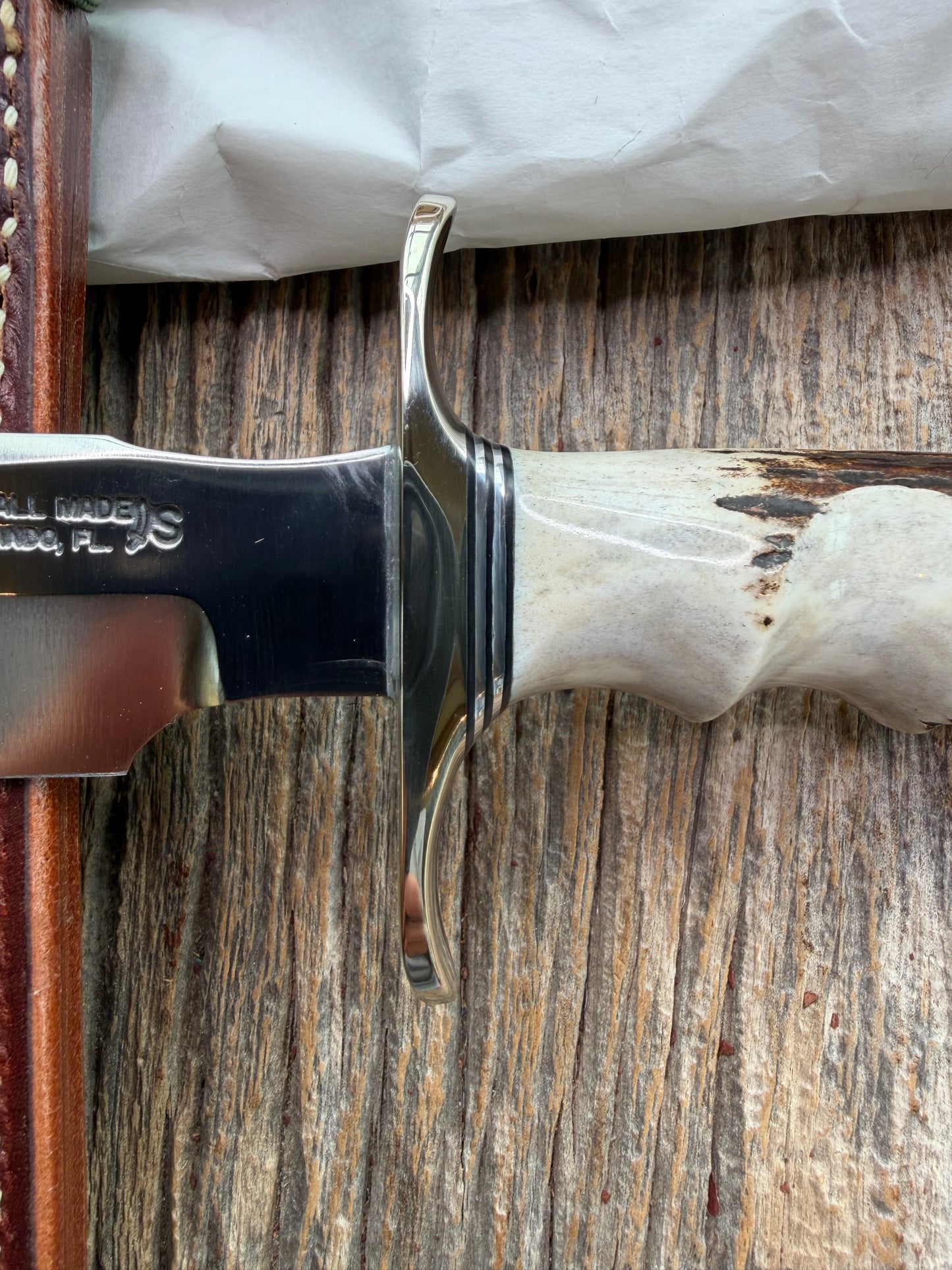 New in Paper Randall Made Knife Model 1-8 Stag with finger grooves handle, Stainless, Nickel silver Hilt, black and aluminum spacers, loaded!!