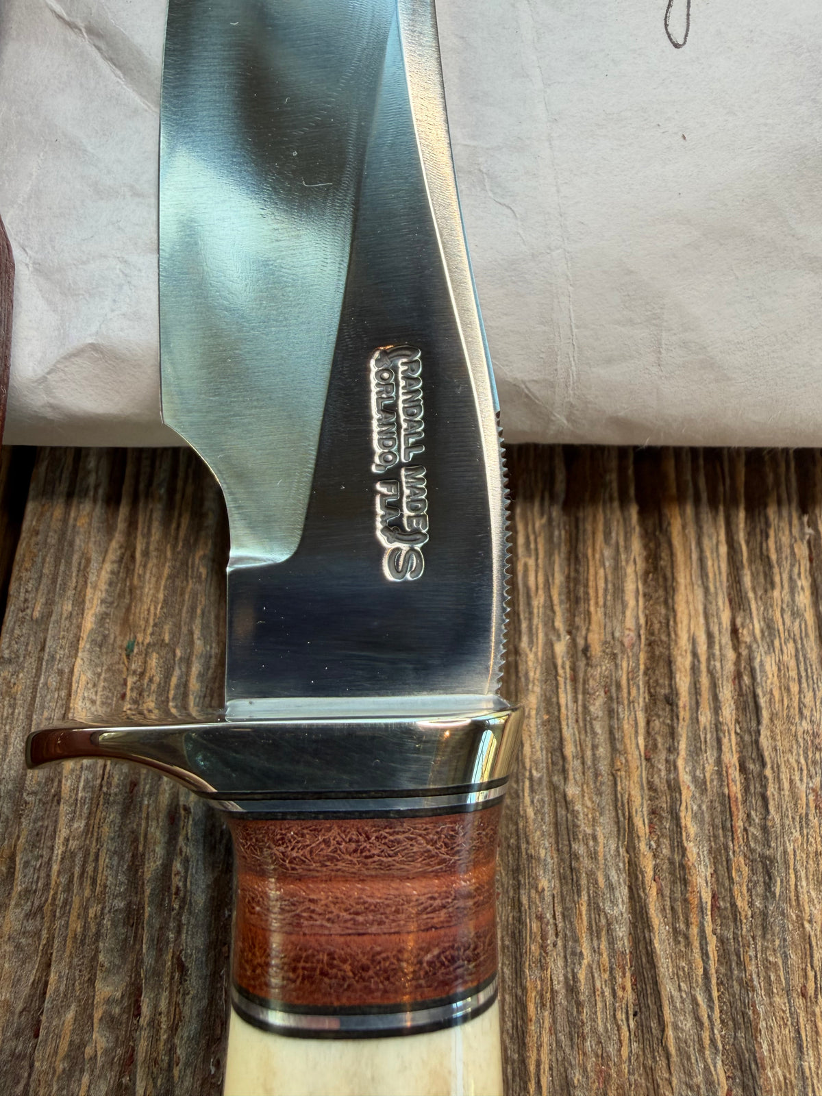New in Paper Randall Made Knife Model 27-5 with a 25 style Stag handle, stainless, Nickel silver single Hilt, black and aluminum spacers, Aluminum  butt cap with Lanyard hole, loaded!!