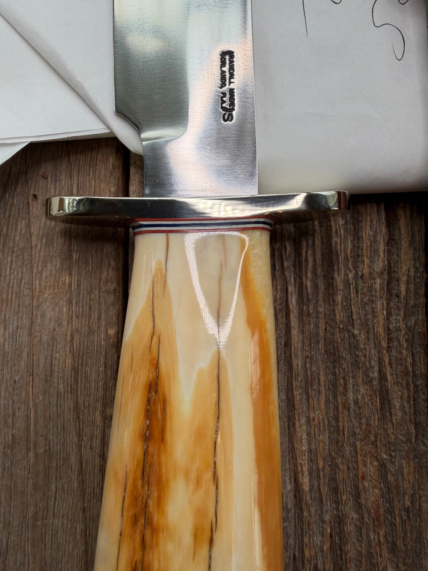New in Paper Randall Knife Model 12-9 beautiful Fossil walrus handle, incredible colors (creams, browns , oranges) Double Nickel Silver hilt, nickel plate, Stainless Steel, RWB spacers