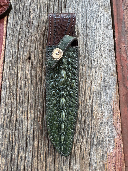 Randall Model 14 Sheath in Exotic Green Snapping Turtle by Treeman. Spiked Dragon tail portion of the turtle.