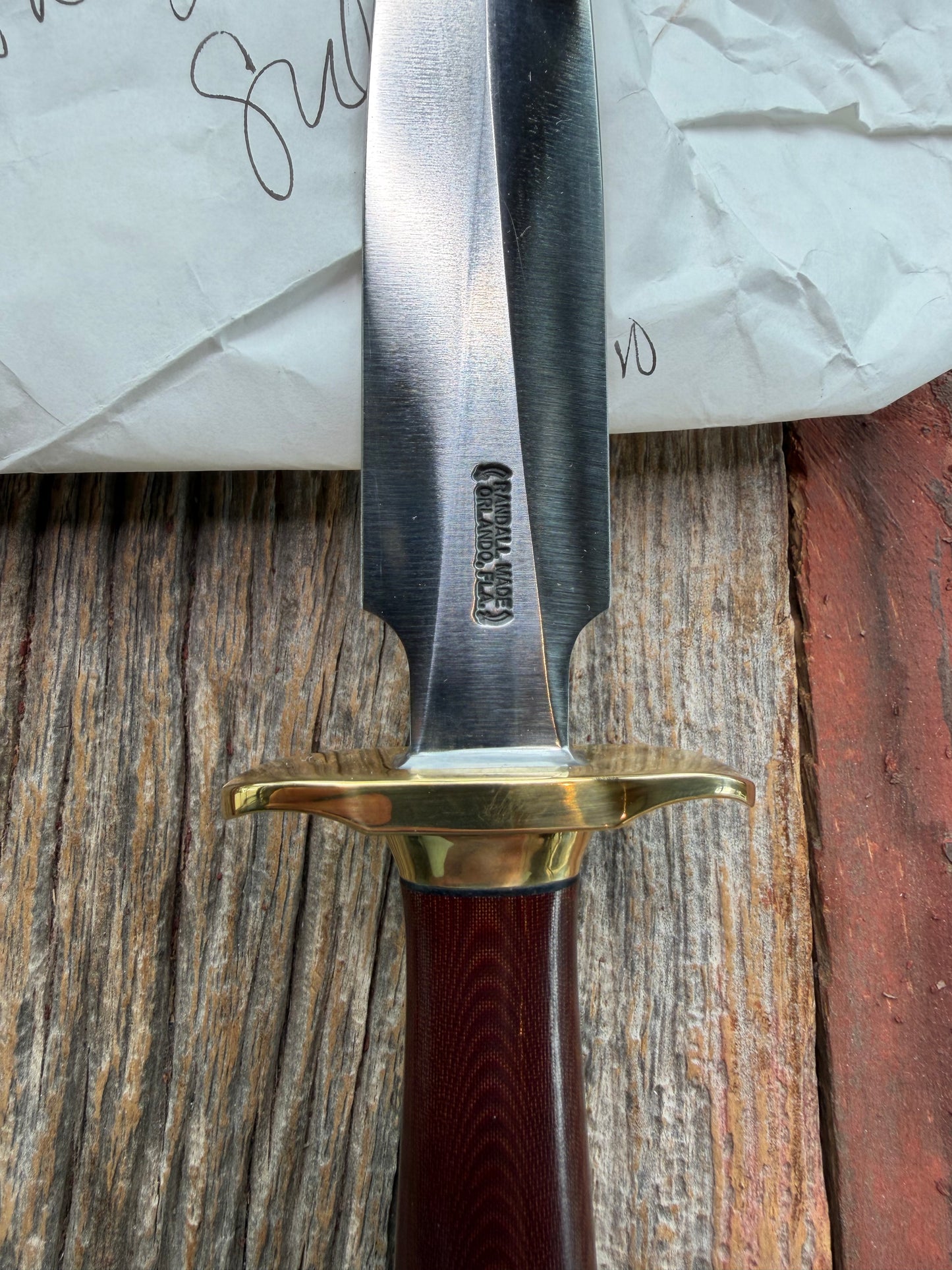 New in Paper Randall Knife Model 2-5 Beautiful  Brass Hilt, Collar and rounded Butt cap,Carbon Blade, Maroon Micarta Handle