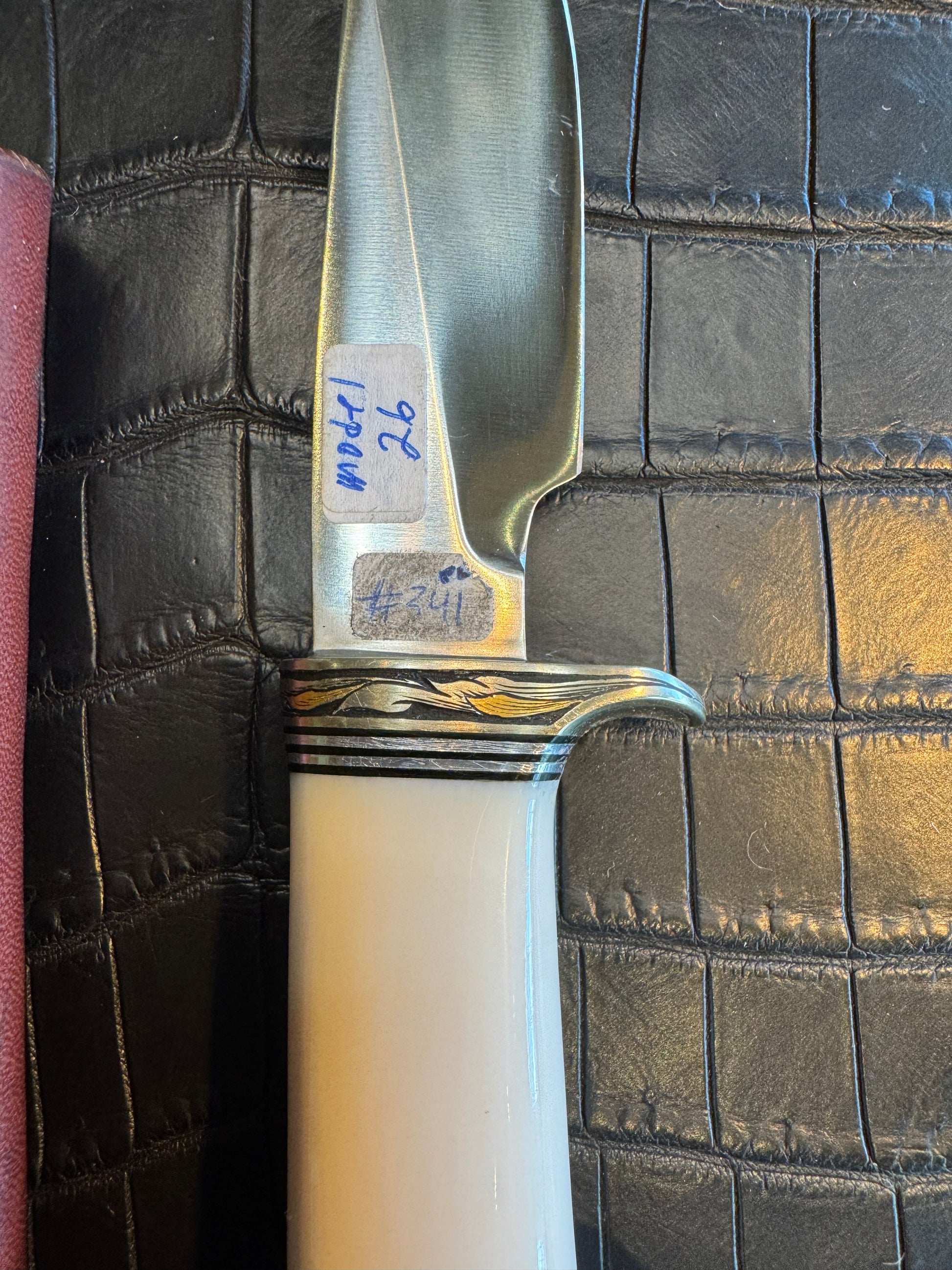 Randall Model 26 in Elephant Ivory, Gold and Silver Engraved, Nickel Silver Single Hilt and Butt cap fully engraved.
