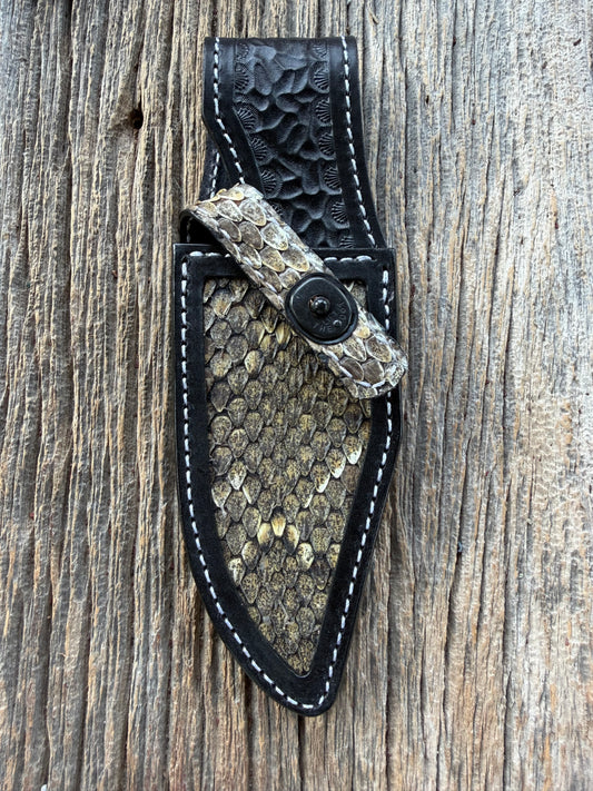 Randall Model 19-5 sheath with inlayed Western Diamondback RattleSnake skin from Treeman Sheaths. Brown leather, white deviated stitching and black canteen snaps.
