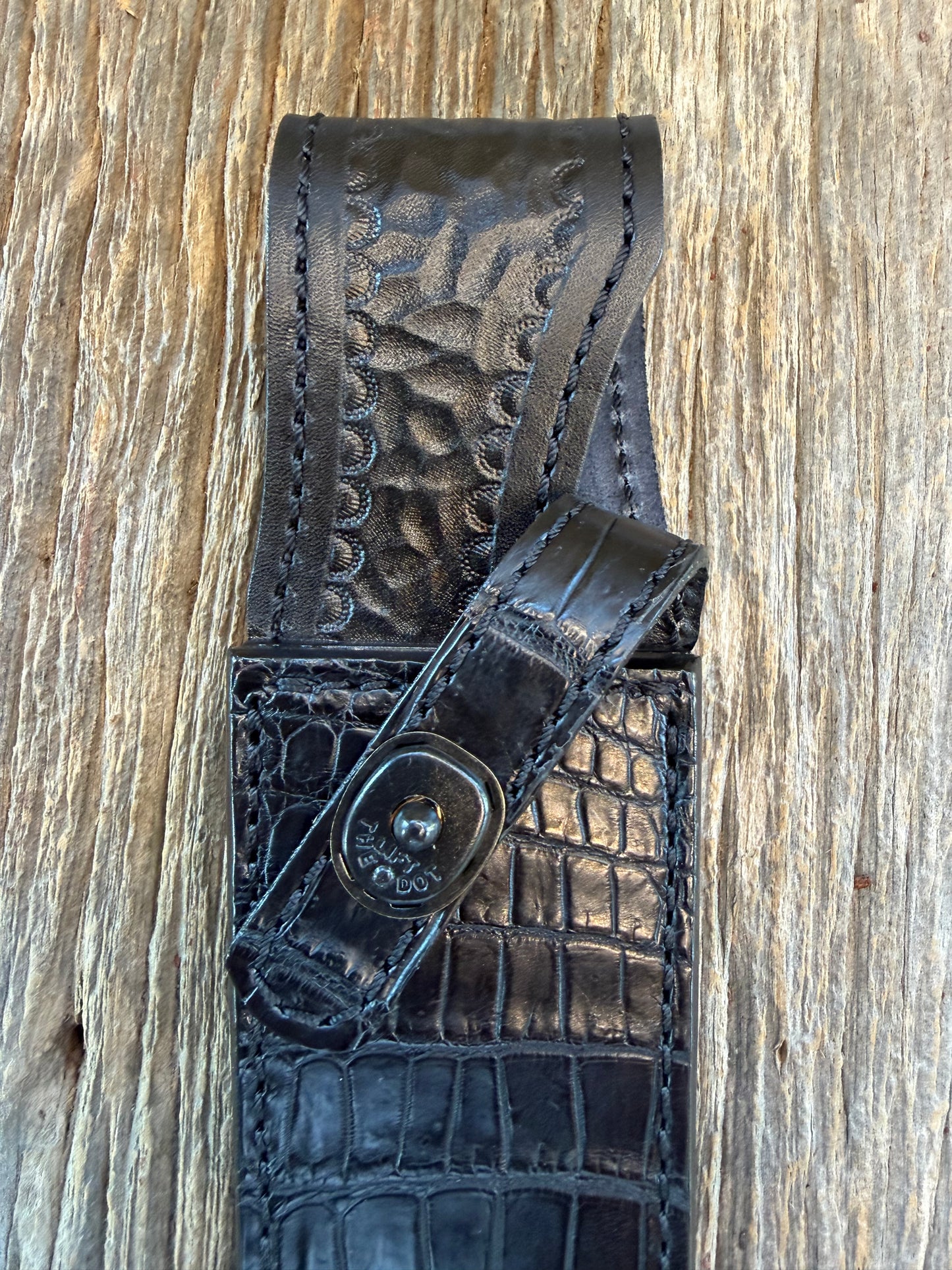 New Randall Model 2-8 Sheath in Exotic Black Crocodile from Treeman. Black canteen Snap .. Johnny Cash Style … All Black.
