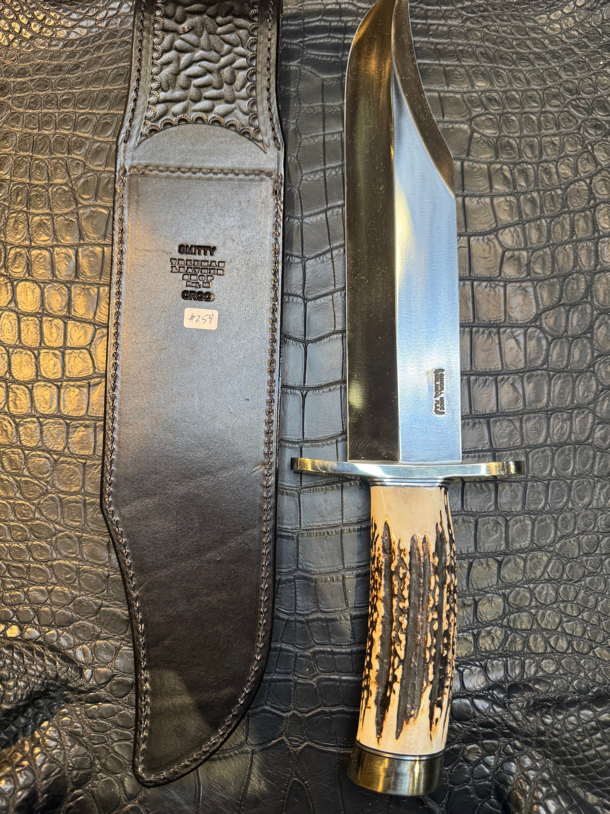Randall Model Smithsonian “Smitty”Sheath in Exotic Australian Black Hornback ( center of the back) Crocodile skin from Treeman. Sheath only