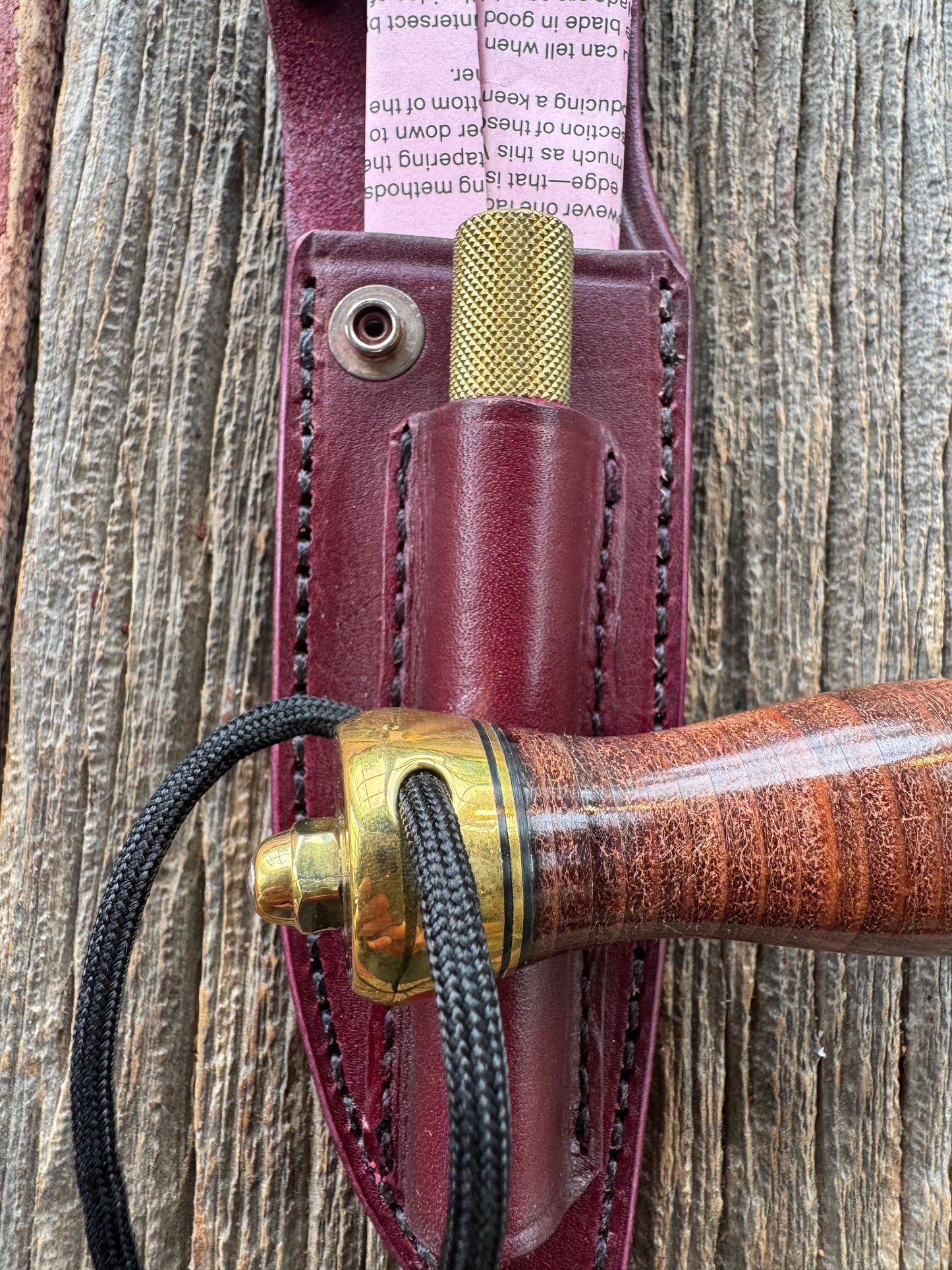 Vintage Randall Stanaback Special. Leather and brass. This is the large Stanaback version with a Stainless 4 1/2” Blade, Brass Single Hilt and Gold & Black Spacers. I have 2 available Serial # 163 and # 164 consecutive numbers. Price is per knife.