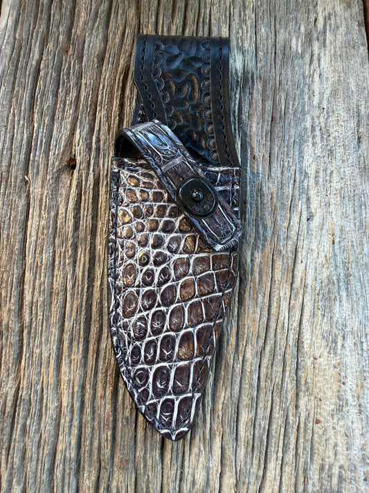 New Randall Model 19-5 Sheath in Exotic Black/Grey Shiny Crocodile from Treeman with the newest Black Canteen snap.