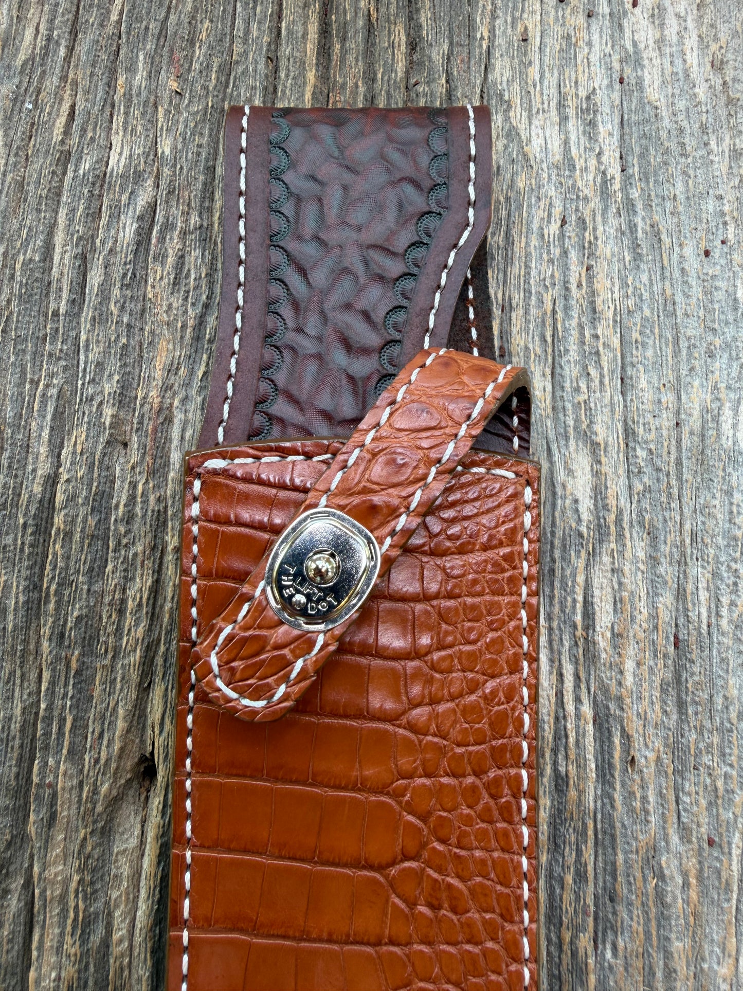New Randall Model 12-9/14 Grind Sheath in Exotic thick and textured Honey Crocodile skin on brown leather from Treeman with a silver Canteen snap. Hand tooled belt loop. Killer sheath.