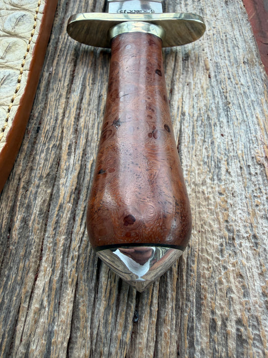 Randall Knife Clinton Special TC Nickel Silver Hilt and Collar, Stainless Steel, Thuya Burl, aluminum butt cap. Cream Croc Sheath.