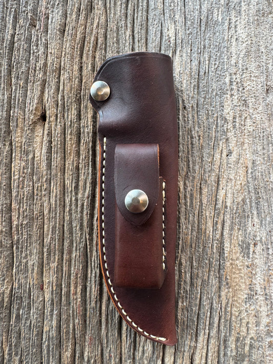 New Randall Sullivans by Gutcher Leather Knife Sheath Model 25-5 with Sharpening Stone throat style.