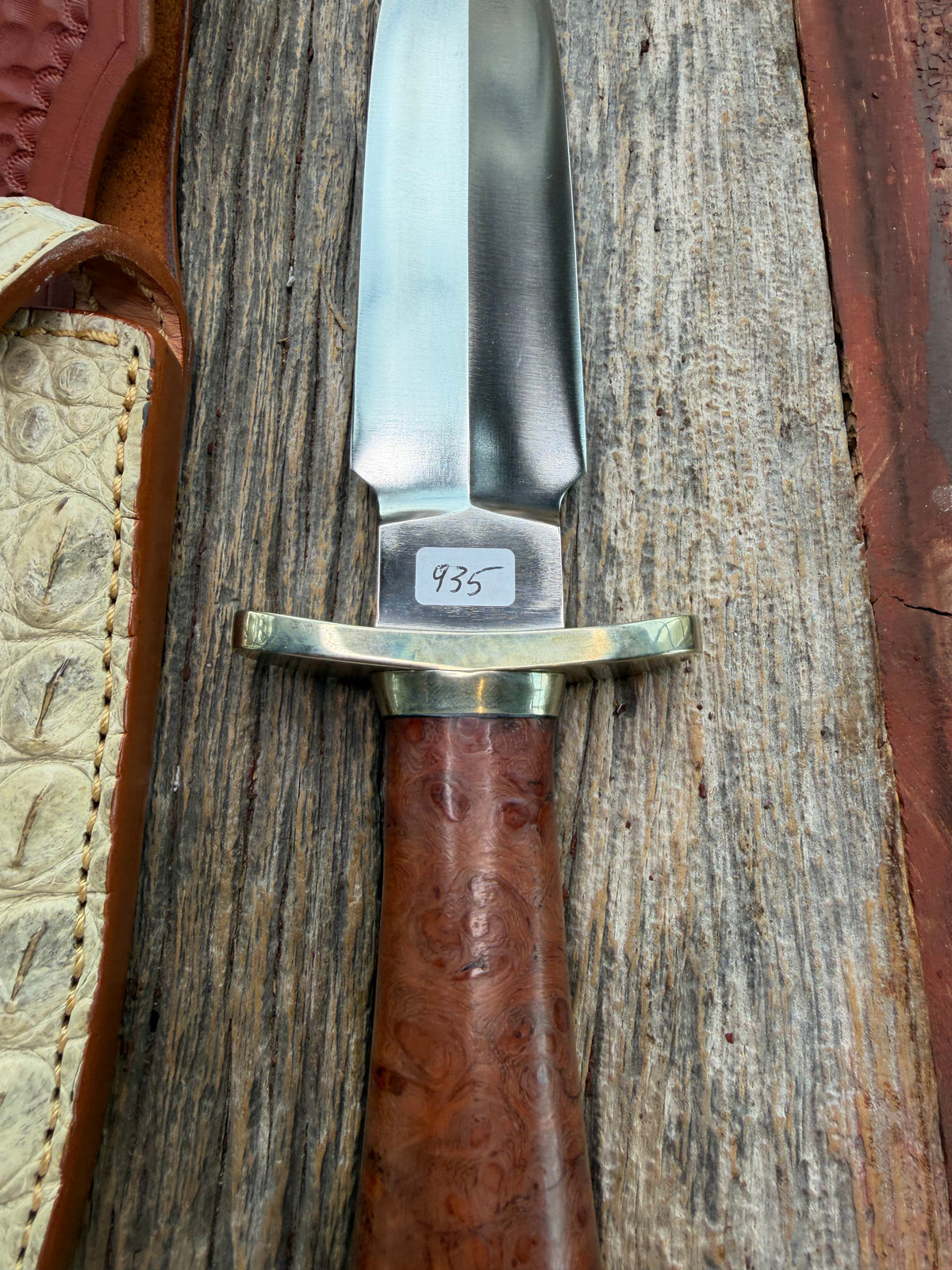 Randall Knife Clinton Special TC Nickel Silver Hilt and Collar, Stainless Steel, Thuya Burl, aluminum butt cap. Cream Croc Sheath.