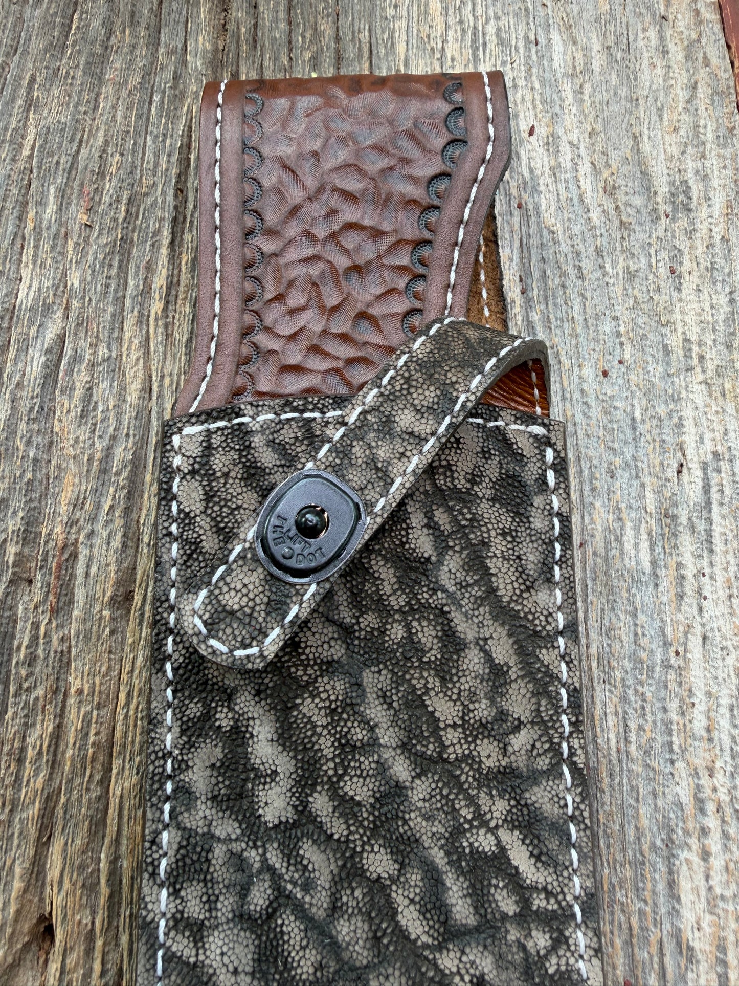New Randall Model 12-11 Large Sasquatch Sheath in Exotic thick and textured Black and Grey Elephant Ear  on brown leather from Treeman with a black Canteen snap. Hand tooled belt loop. Killer sheath.