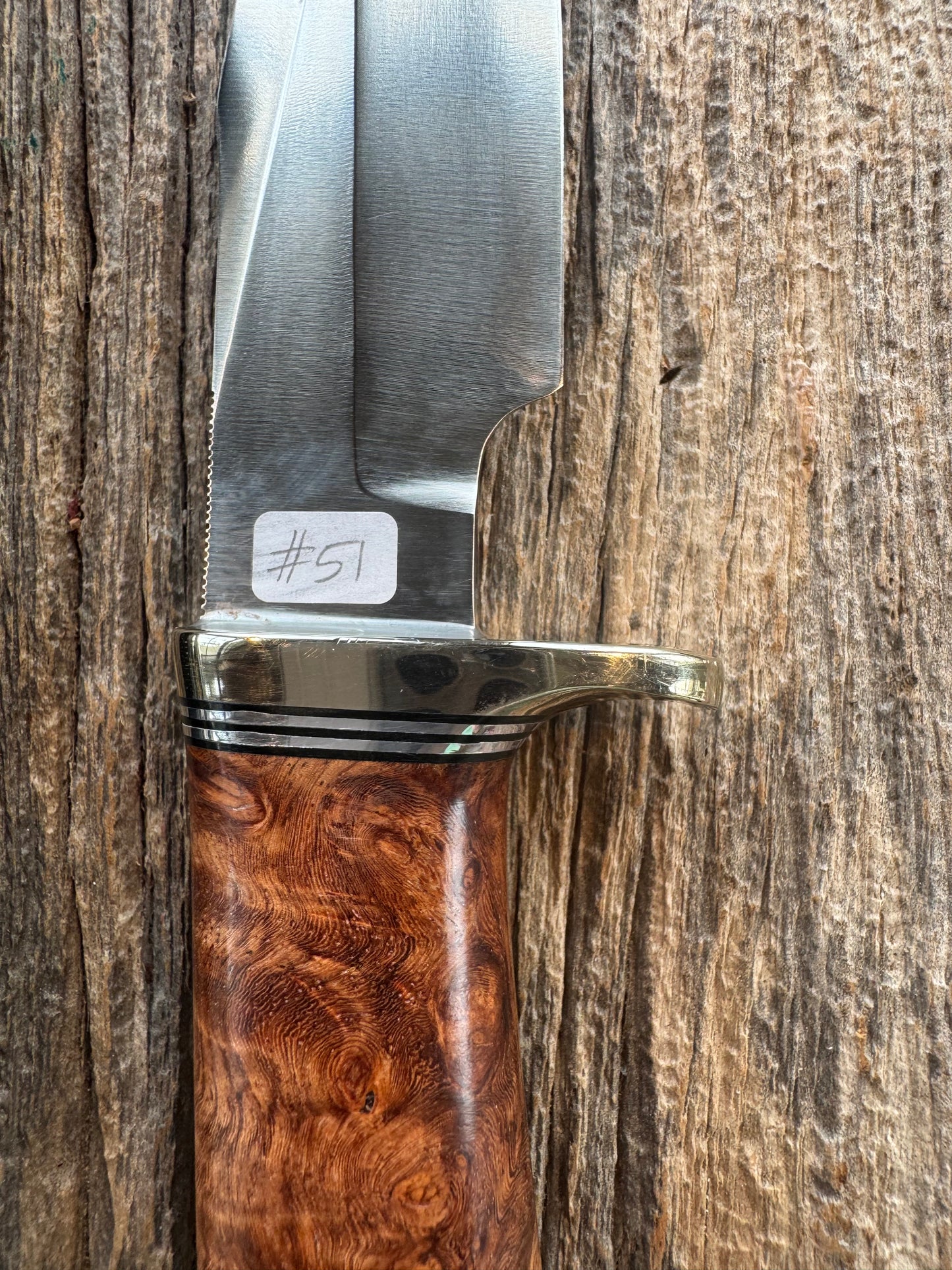Randall Knife Model 23 Amboyna Burl wood Handle, Stainless Steel blade, Nickel Silver hilt and Butt cap. Exotic Zebra Sheath.