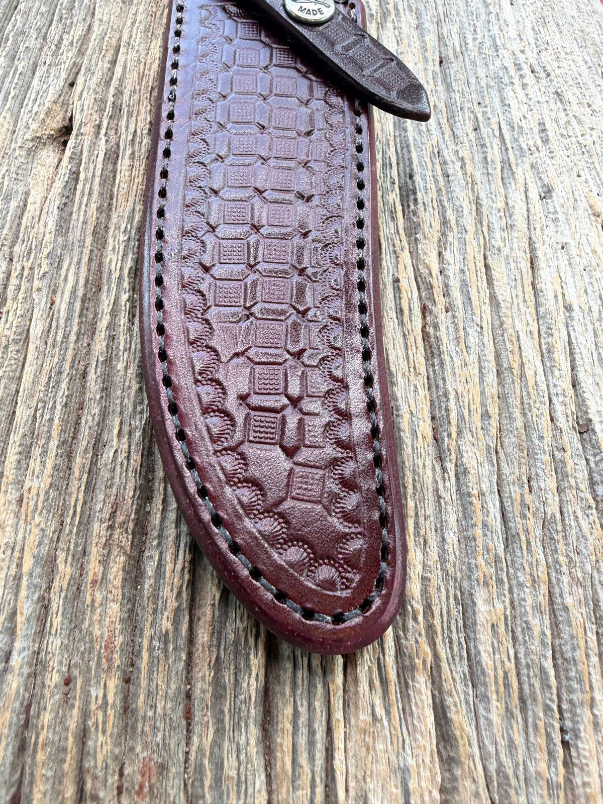 Rare Randall Sullivans by Gutcher Knife Sheath for a Model 12-6 curved hilt. Ox Blood Red leather  with a beautiful  basket weave pattern. Randall Snap and stamp on the back.